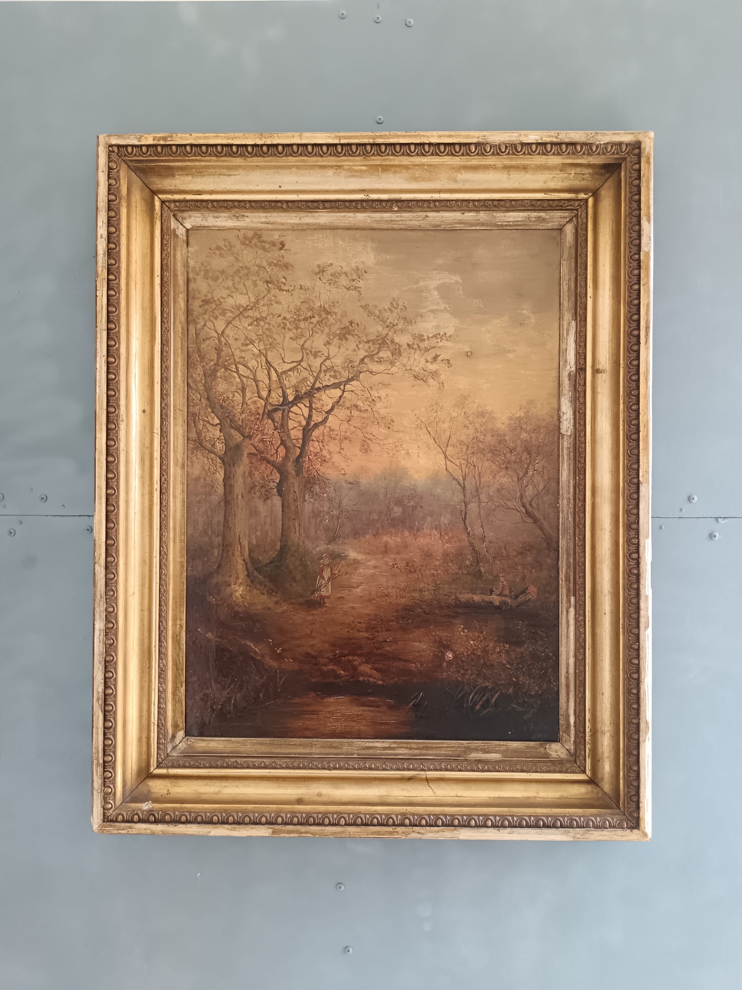 Grande Olio su Tela Paesaggio Romantico Firmato K. Field 1904 Cornice Antica