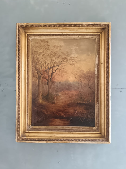 Grande Olio su Tela Paesaggio Romantico Firmato K. Field 1904 Cornice Antica