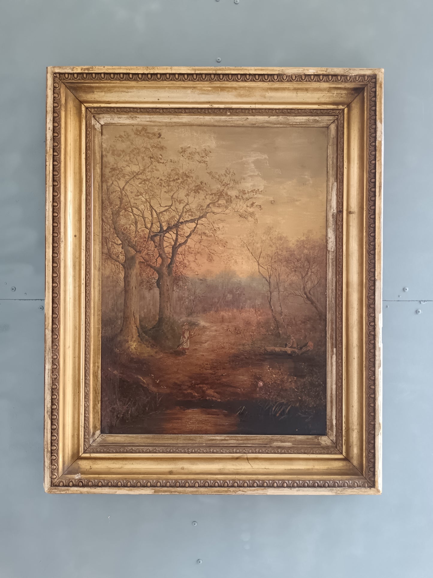 Grande Olio su Tela Paesaggio Romantico Firmato K. Field 1904 Cornice Antica