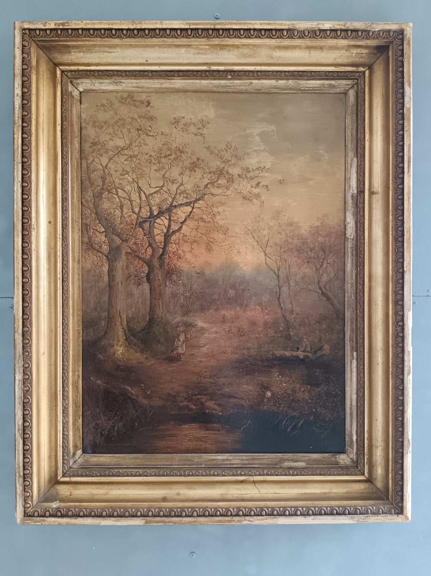 Grande Olio su Tela Paesaggio Romantico Firmato K. Field 1904 Cornice Antica