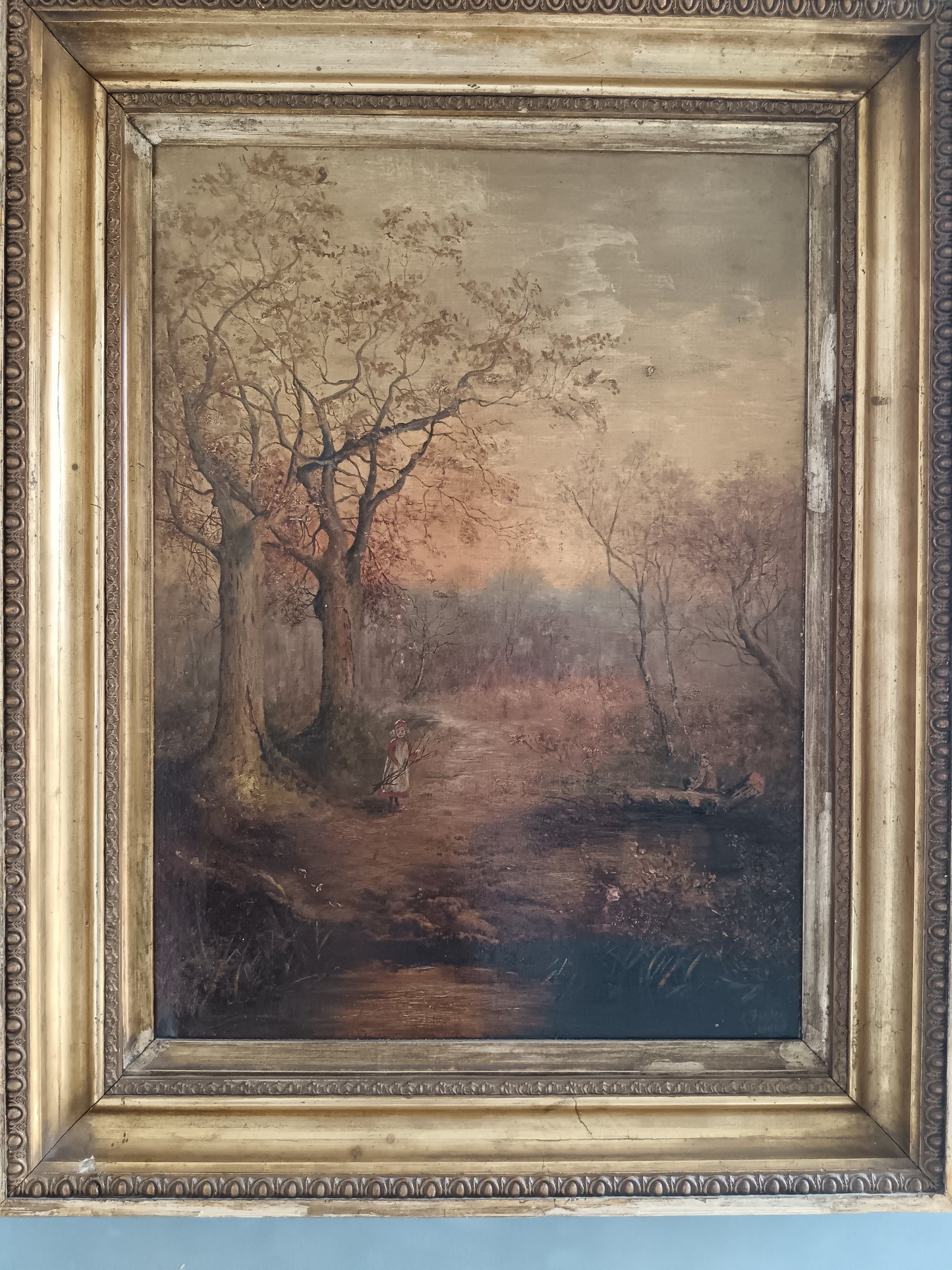 Grande Olio su Tela Paesaggio Romantico Firmato K. Field 1904 Cornice Antica
