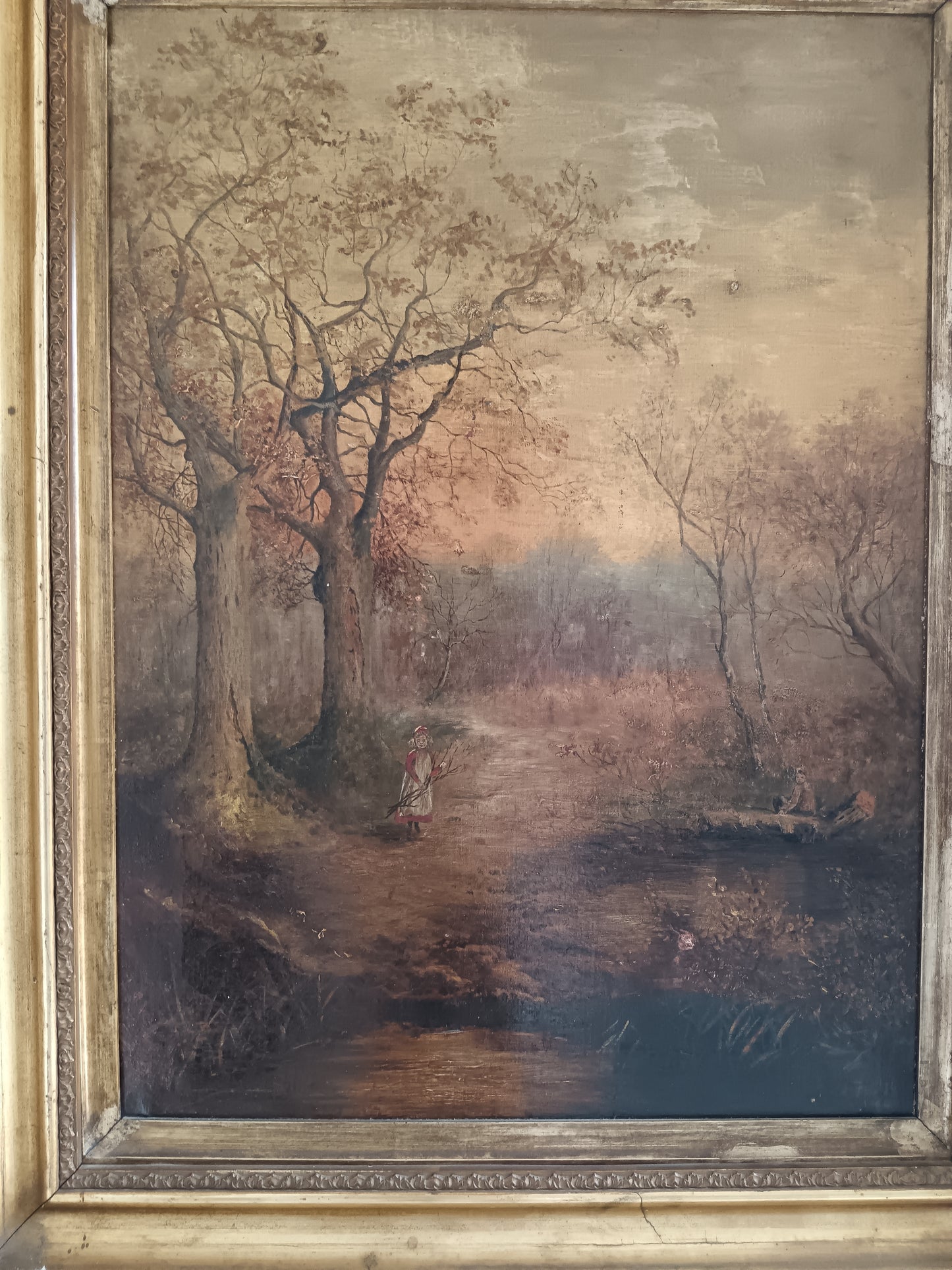 Grande Olio su Tela Paesaggio Romantico Firmato K. Field 1904 Cornice Antica