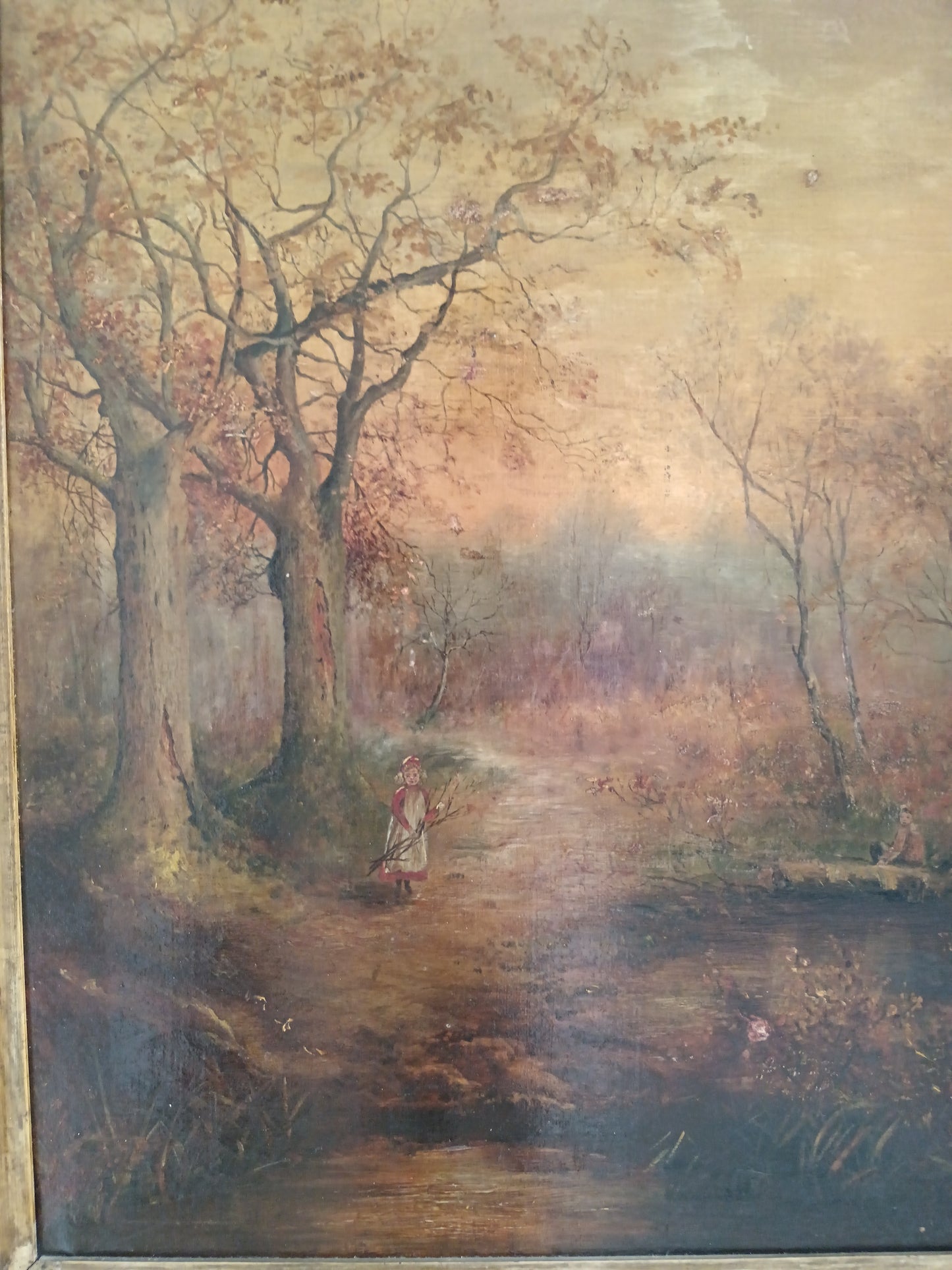 Grande Olio su Tela Paesaggio Romantico Firmato K. Field 1904 Cornice Antica