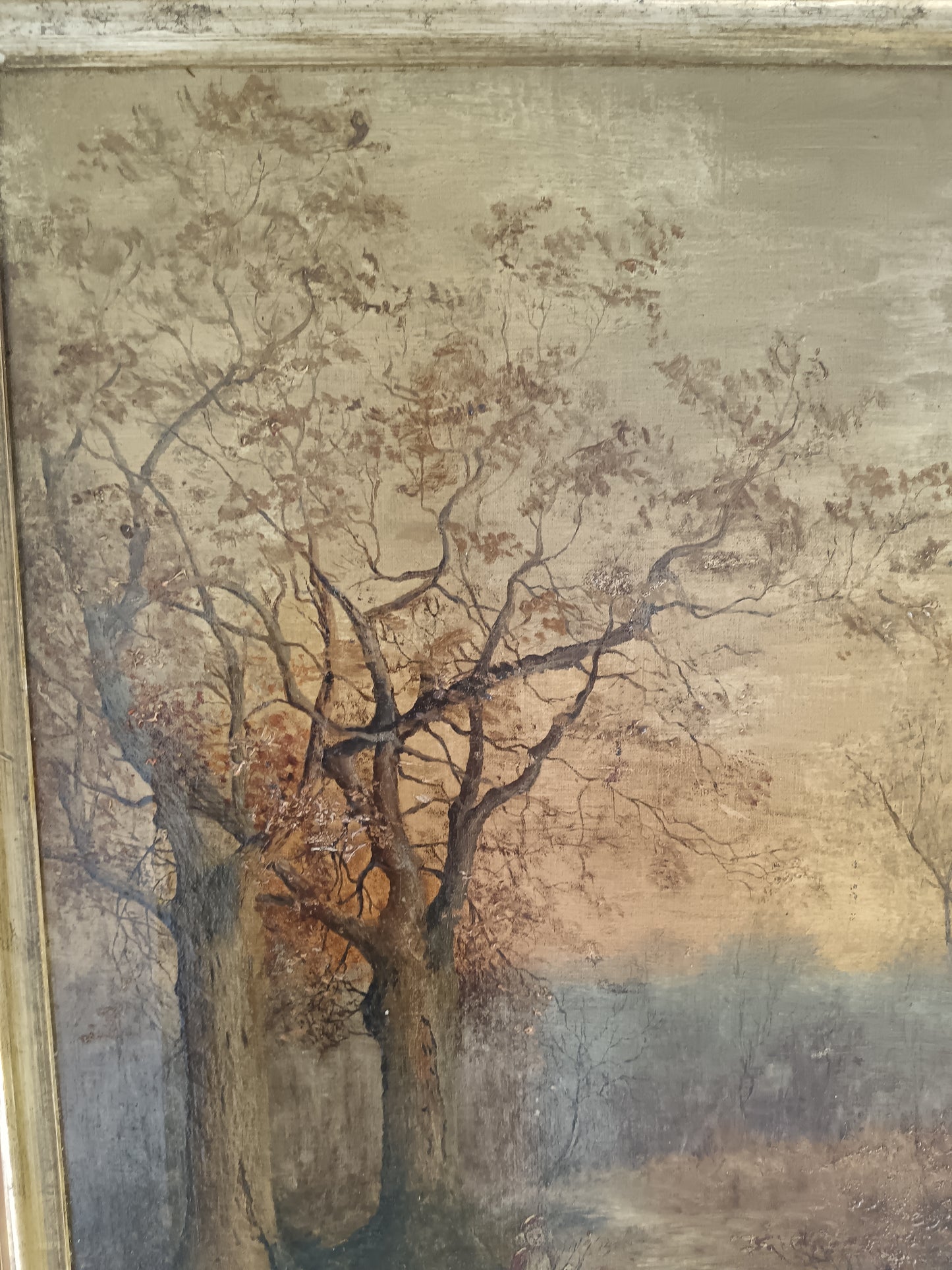 Grande Olio su Tela Paesaggio Romantico Firmato K. Field 1904 Cornice Antica