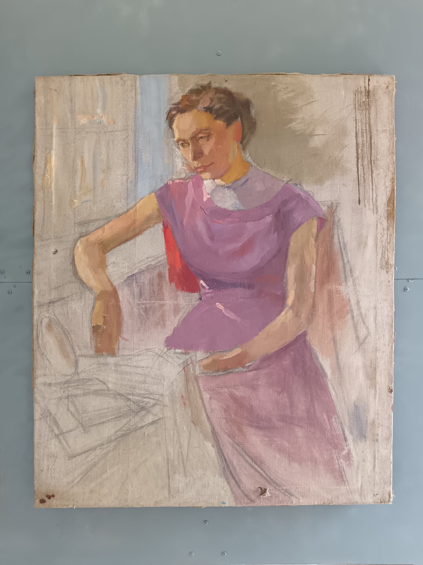 Grande Ritratto Femminile Studio d'Artista Olio su Tela Bozzetto XX Secolo 89x107