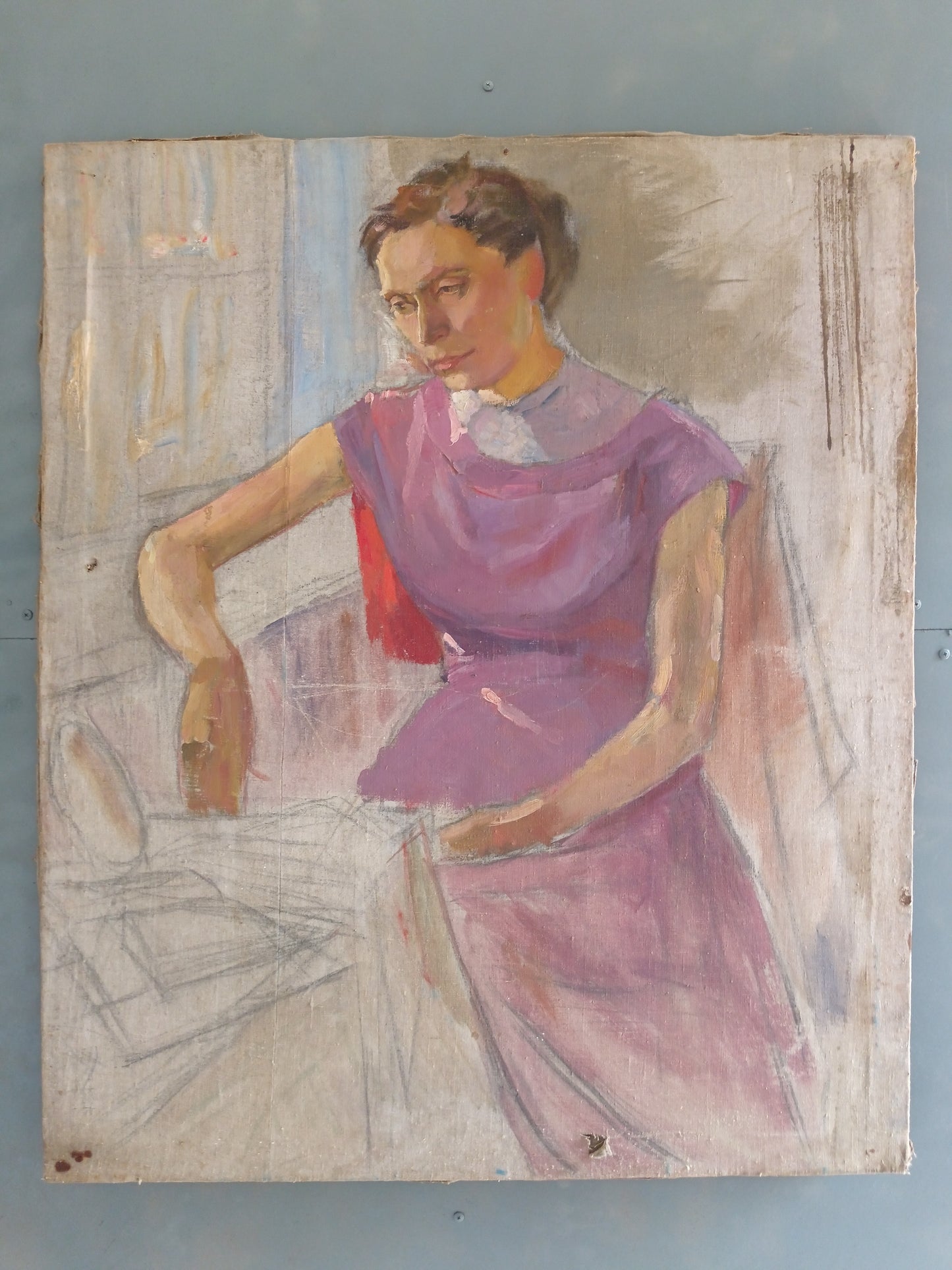 Grande Ritratto Femminile Studio d'Artista Olio su Tela Bozzetto XX Secolo 89x107