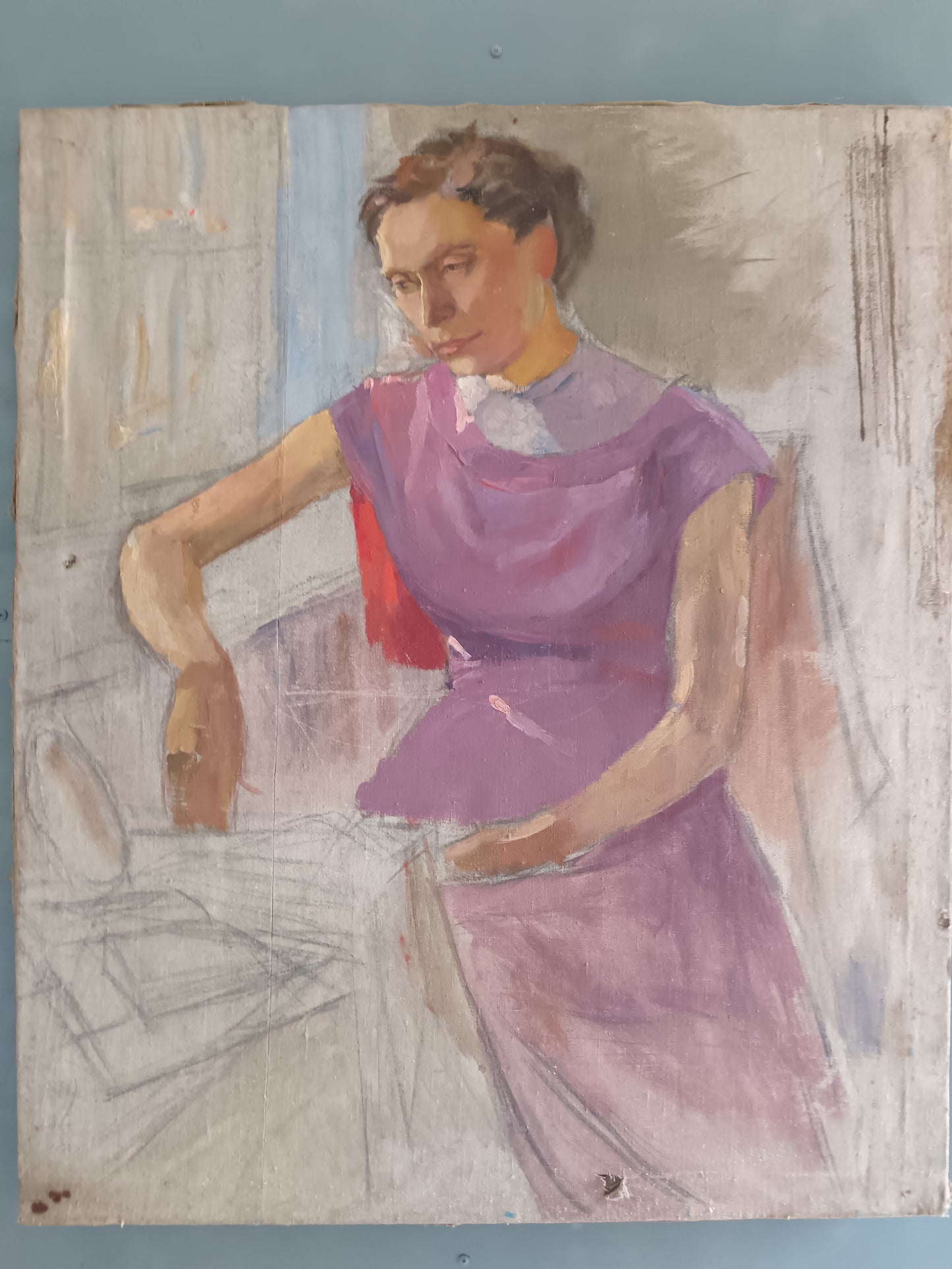 Grande Ritratto Femminile Studio d'Artista Olio su Tela Bozzetto XX Secolo 89x107