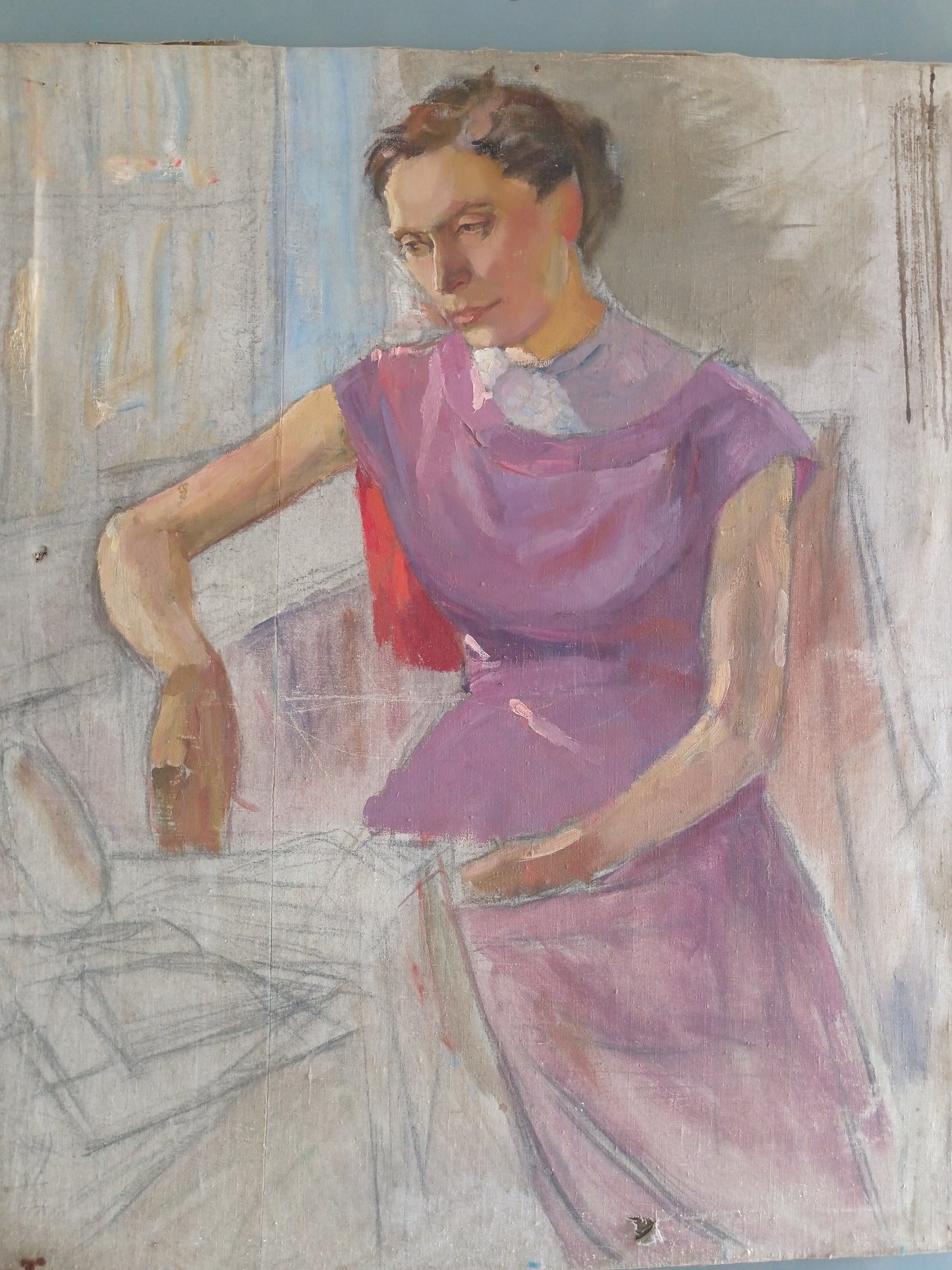 Grande Ritratto Femminile Studio d'Artista Olio su Tela Bozzetto XX Secolo 89x107