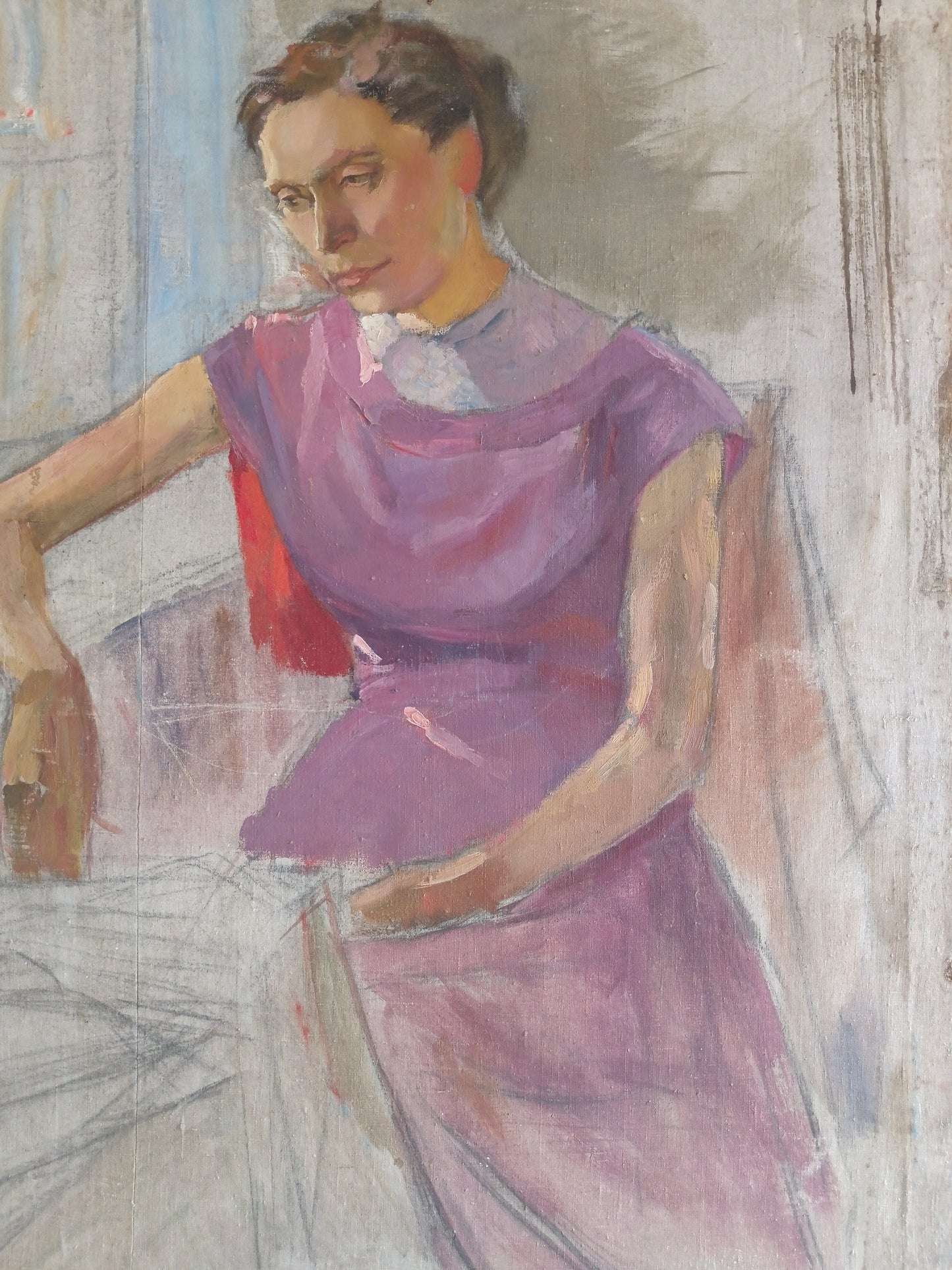 Grande Ritratto Femminile Studio d'Artista Olio su Tela Bozzetto XX Secolo 89x107