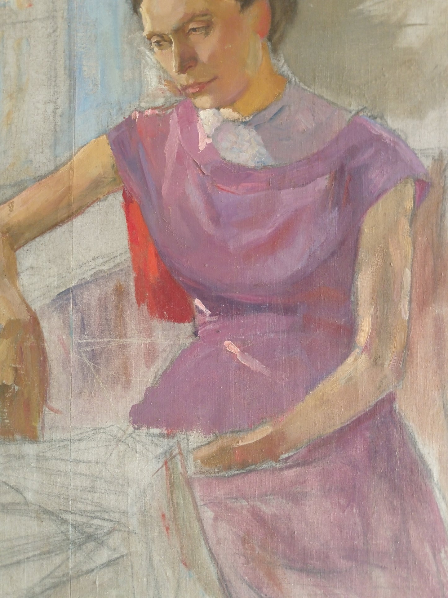Grande Ritratto Femminile Studio d'Artista Olio su Tela Bozzetto XX Secolo 89x107