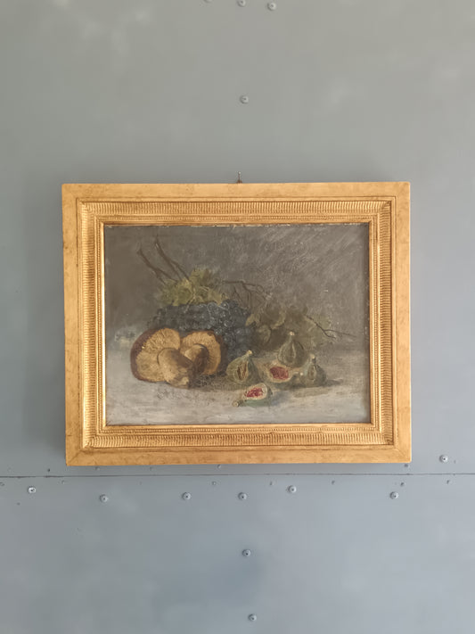 Antico Dipinto Natura Morta Uva Fichi e Funghi Olio Su Tela inizio XX Secolo, Con Cornice Dorata