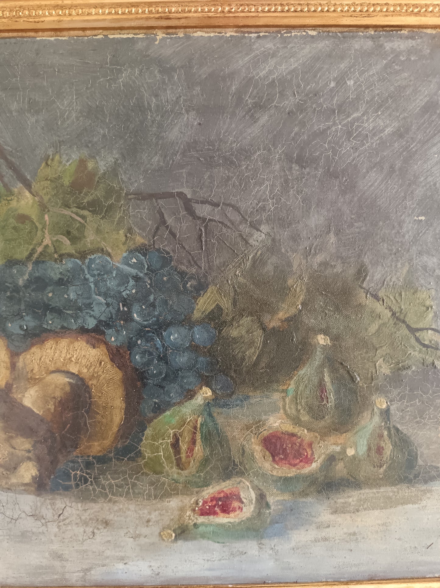 Antico Dipinto Natura Morta Uva Fichi e Funghi Olio Su Tela inizio XX Secolo, Con Cornice Dorata
