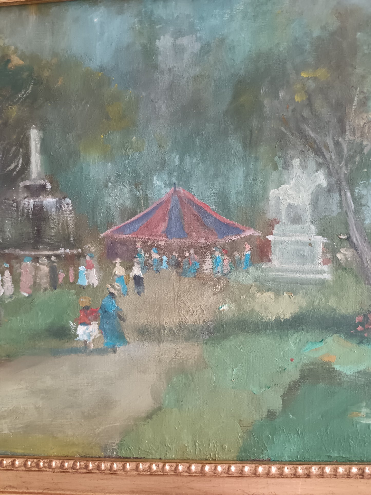 Dipinto Olio Su tela "Scena Nel Parco Con Padiglione e Figure" prima metà del XX Secolo Cornice in legno