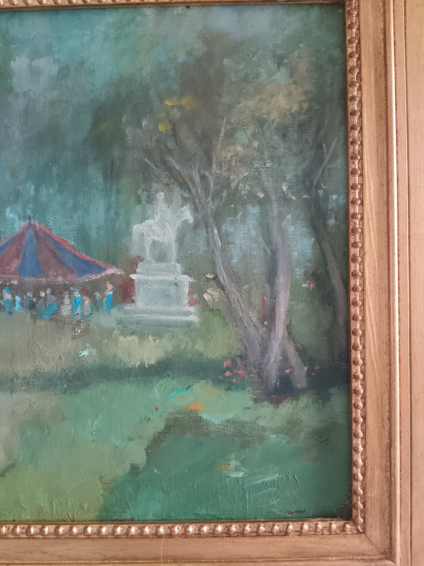 Dipinto Olio Su tela "Scena Nel Parco Con Padiglione e Figure" prima metà del XX Secolo Cornice in legno