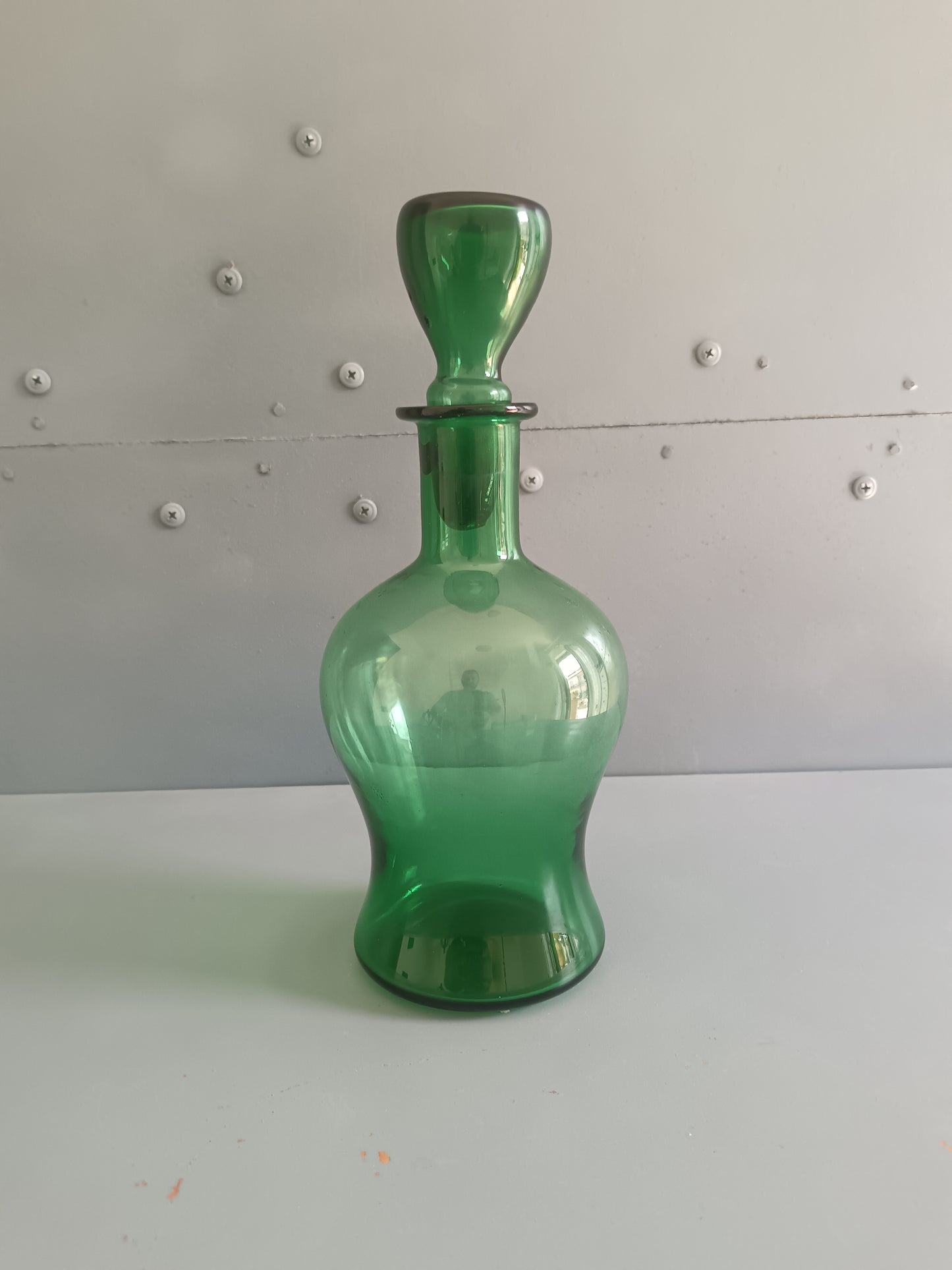 Bottiglia Decanter Empoli Anni '50 Vetro Soffiato Verde Smeraldo con Tappo Originale Vintage