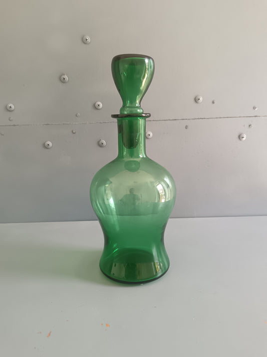Bottiglia Decanter Empoli Anni '50 Vetro Soffiato Verde Smeraldo con Tappo Originale Vintage