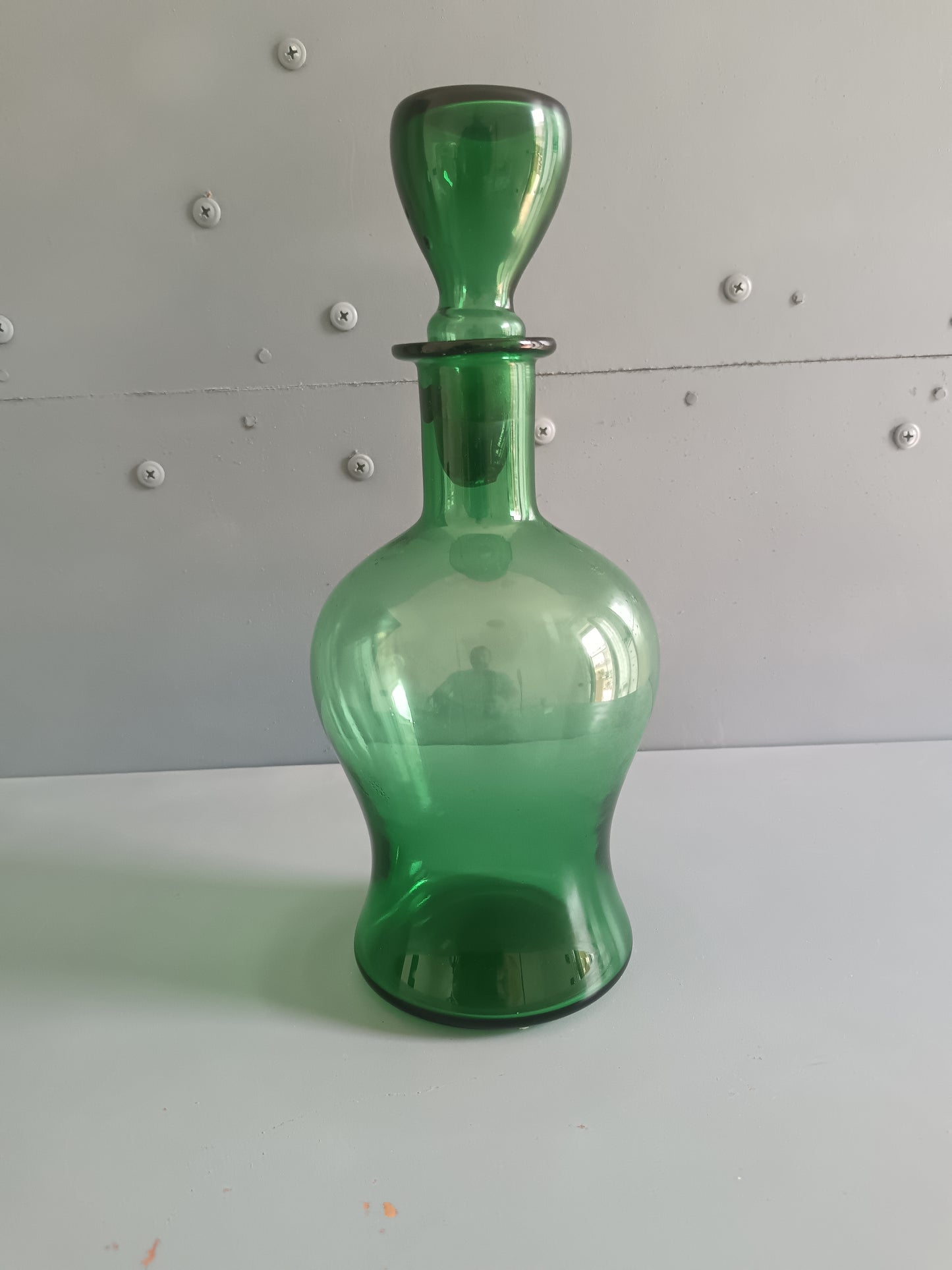 Bottiglia Decanter Empoli Anni '50 Vetro Soffiato Verde Smeraldo con Tappo Originale Vintage