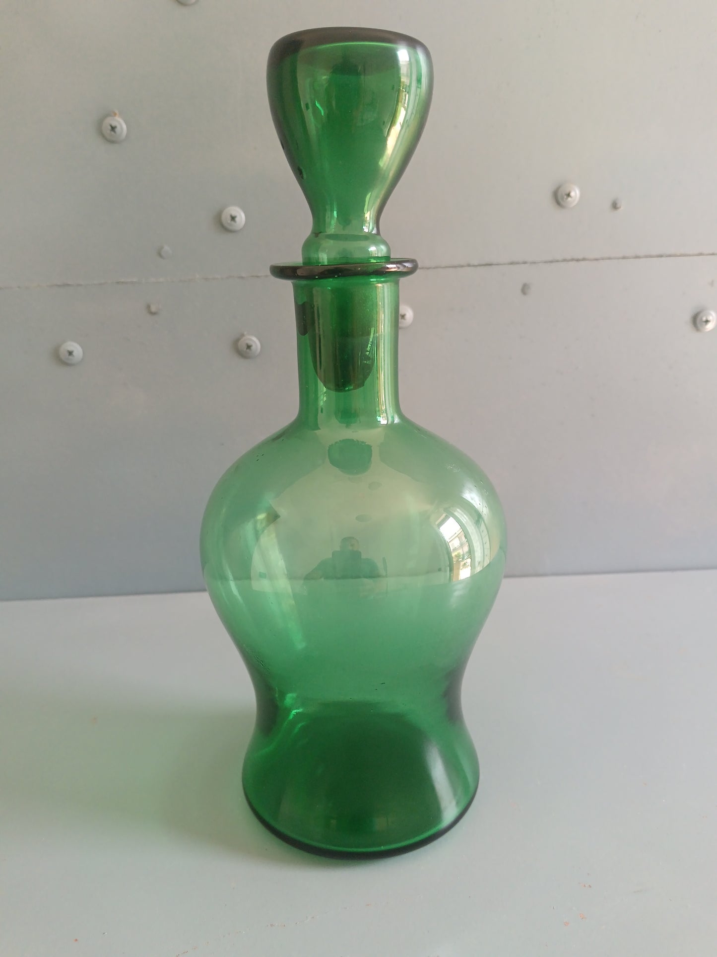 Bottiglia Decanter Empoli Anni '50 Vetro Soffiato Verde Smeraldo con Tappo Originale Vintage