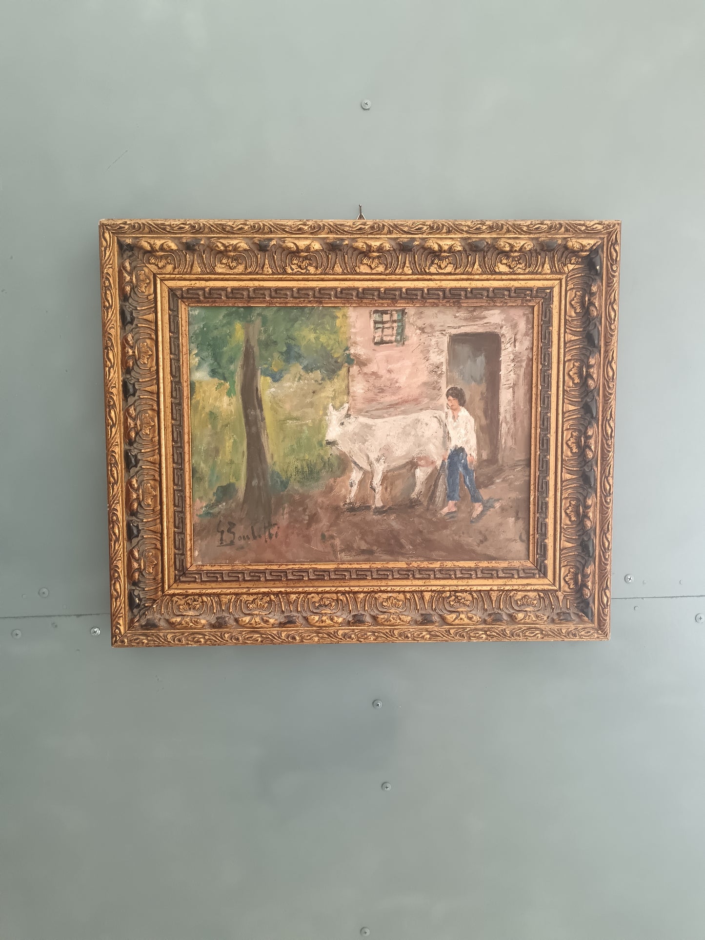 GAETANO BOCCHETTI 1888-1990 OLIO SU TELA 40x30 SCENA RURALE CONTADINA E BOVINO