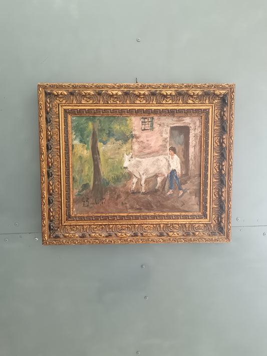 GAETANO BOCCHETTI 1888-1990 OLIO SU TELA 40x30 SCENA RURALE CONTADINA E BOVINO
