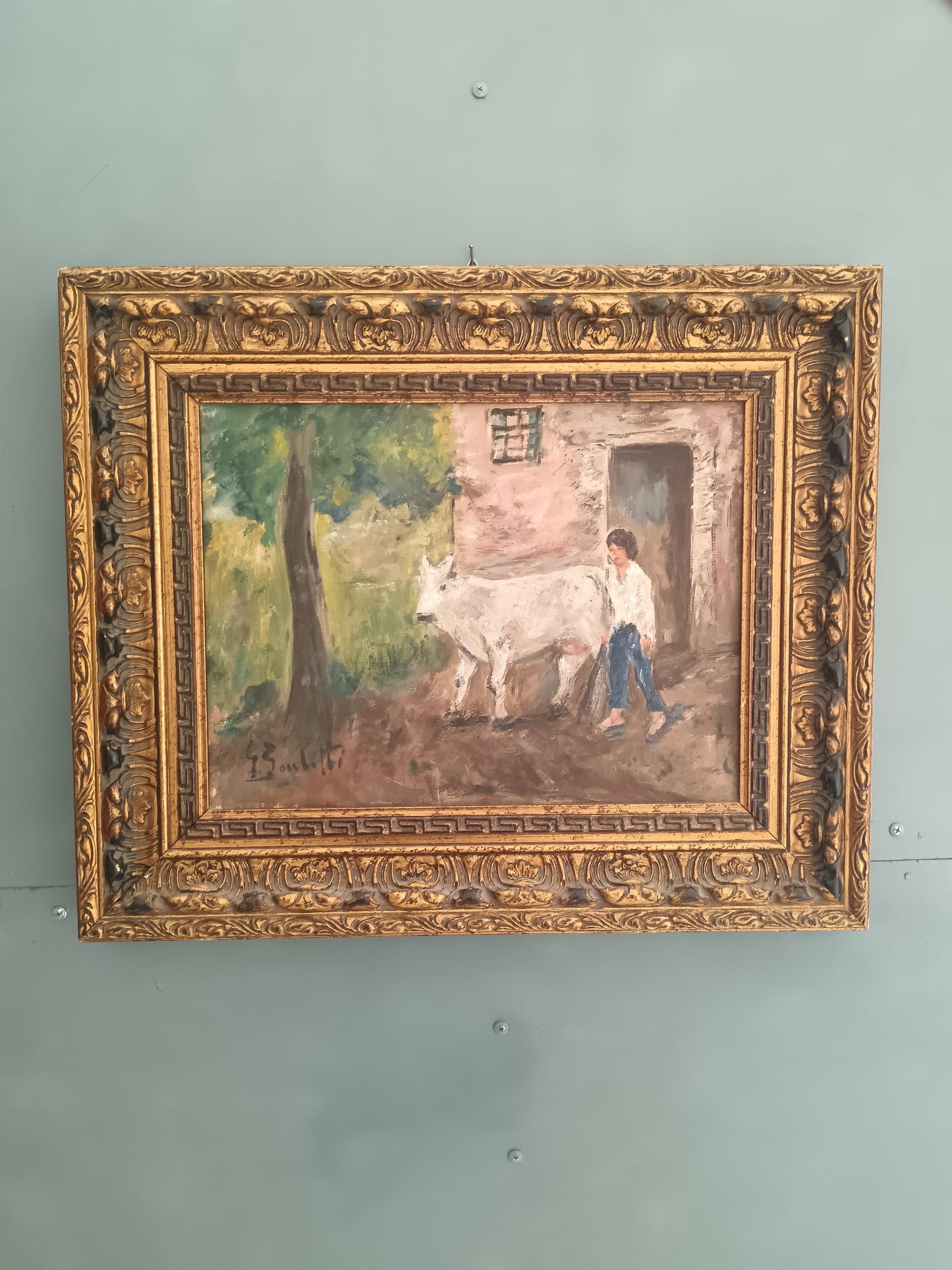 GAETANO BOCCHETTI 1888-1990 OLIO SU TELA 40x30 SCENA RURALE CONTADINA E BOVINO