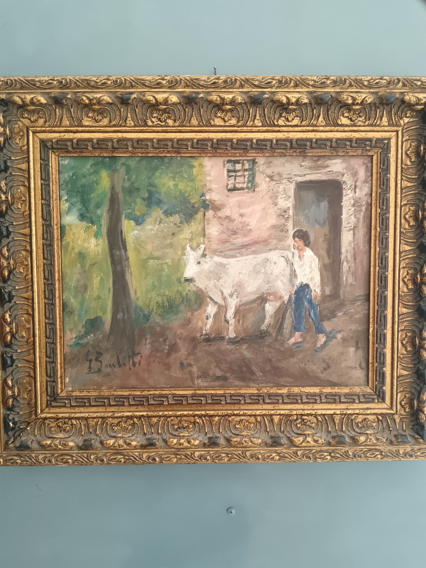 GAETANO BOCCHETTI 1888-1990 OLIO SU TELA 40x30 SCENA RURALE CONTADINA E BOVINO