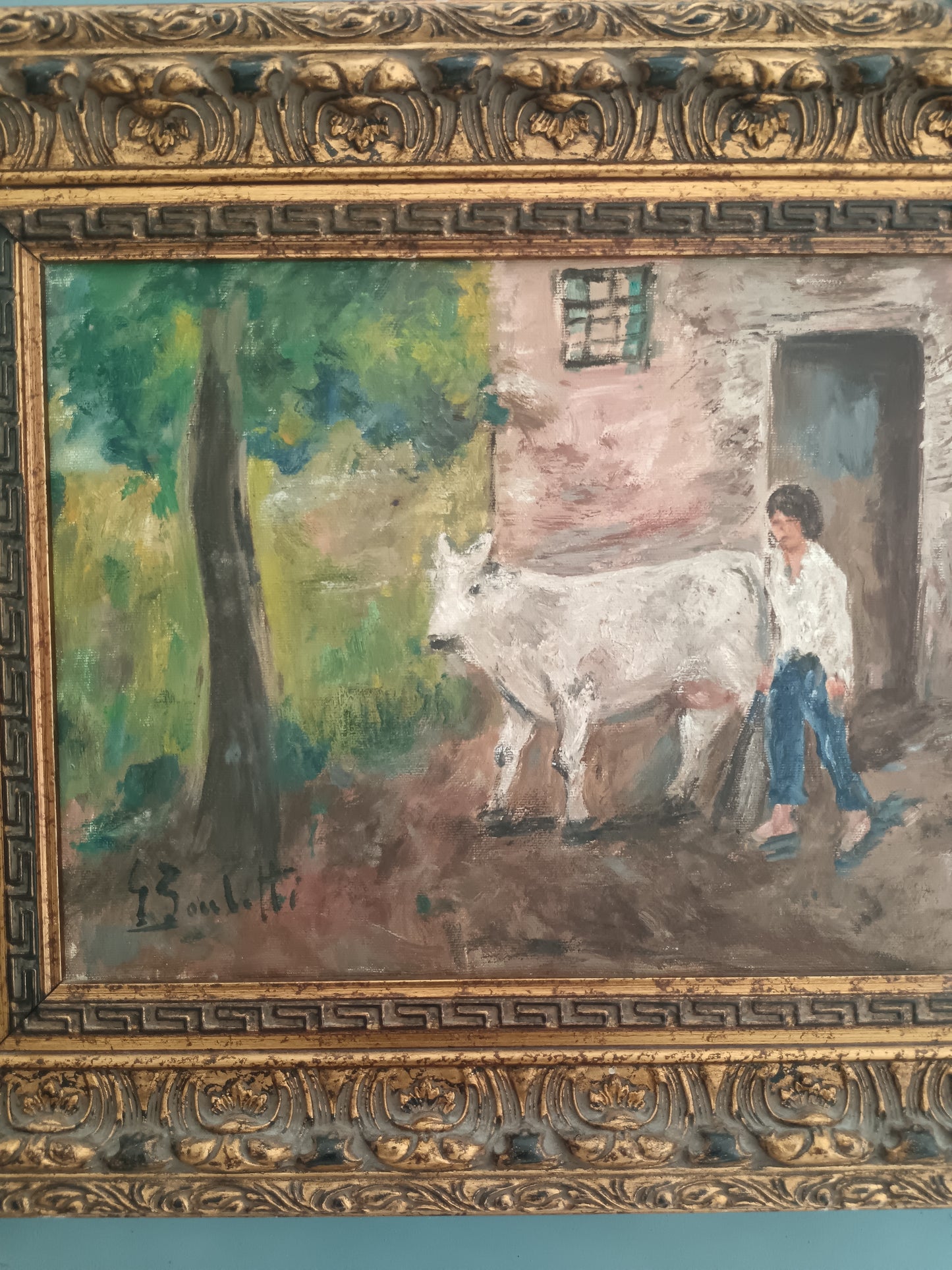 GAETANO BOCCHETTI 1888-1990 OLIO SU TELA 40x30 SCENA RURALE CONTADINA E BOVINO