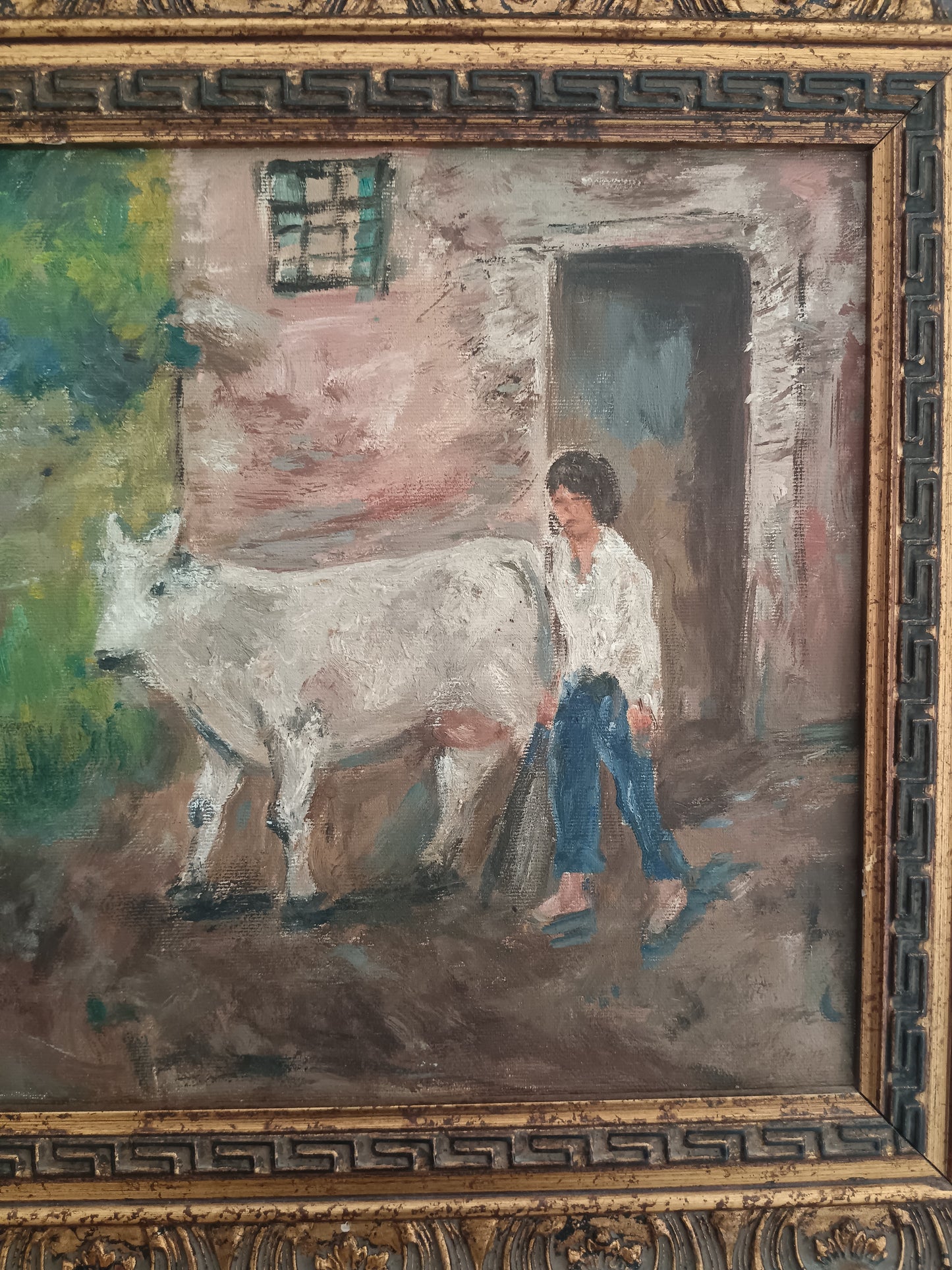 GAETANO BOCCHETTI 1888-1990 OLIO SU TELA 40x30 SCENA RURALE CONTADINA E BOVINO