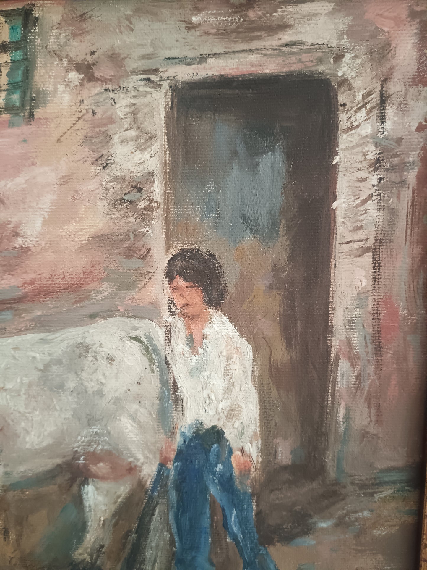 GAETANO BOCCHETTI 1888-1990 OLIO SU TELA 40x30 SCENA RURALE CONTADINA E BOVINO