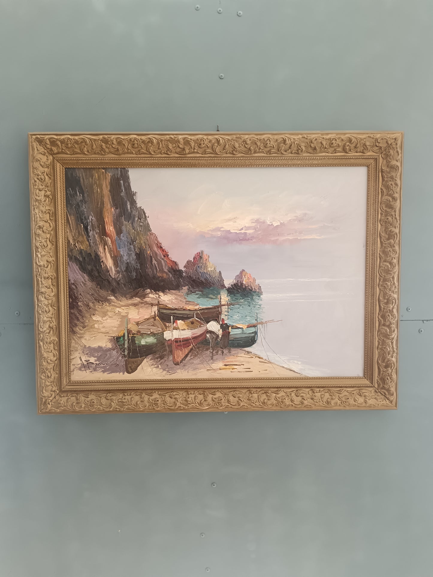 MARIO BARRA – MARINA CON BARCHE E PESCATORI – OLIO SU TELA 70x50