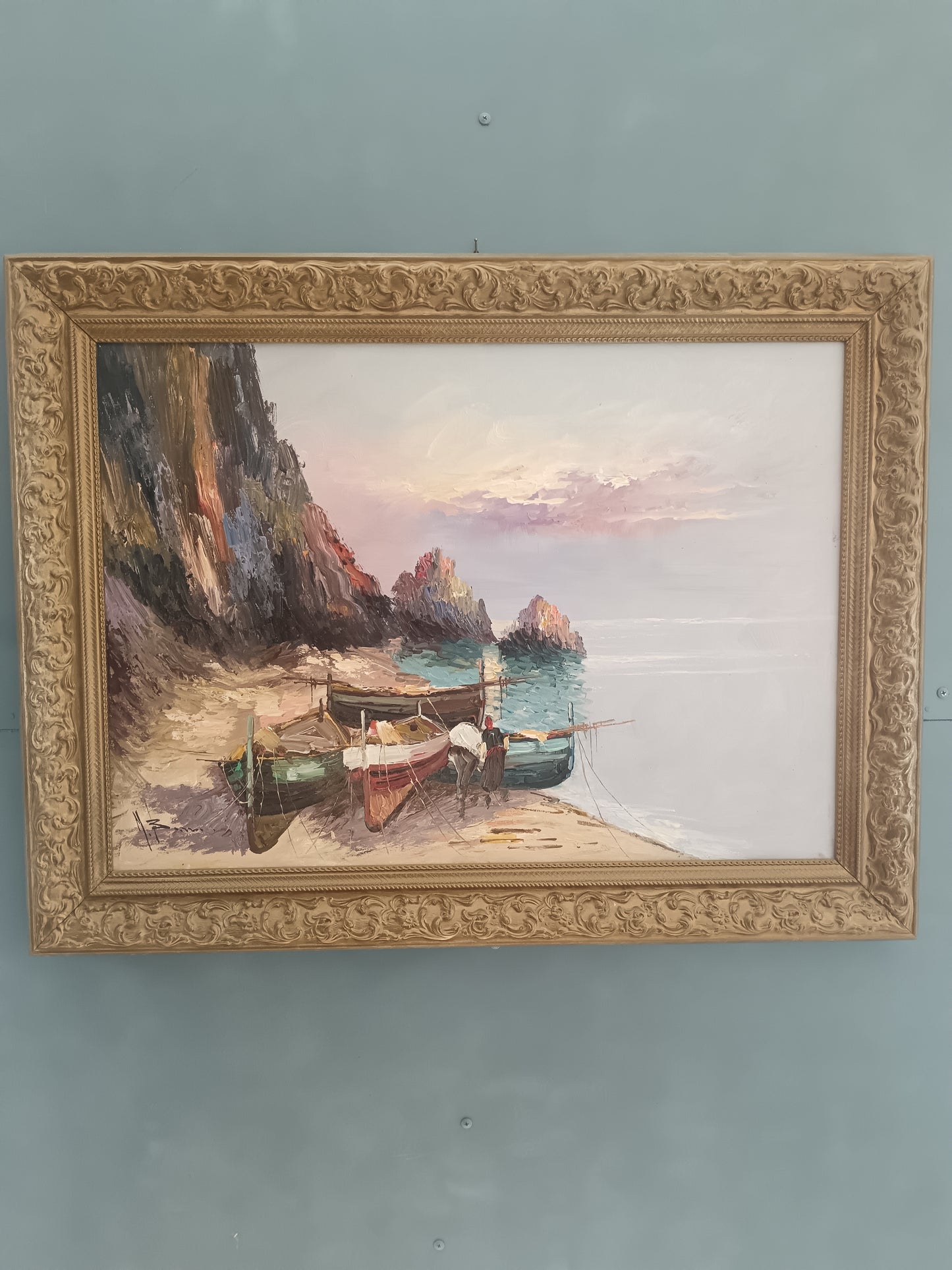 MARIO BARRA – MARINA CON BARCHE E PESCATORI – OLIO SU TELA 70x50