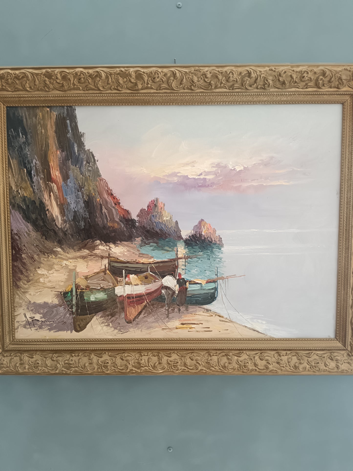 MARIO BARRA – MARINA CON BARCHE E PESCATORI – OLIO SU TELA 70x50