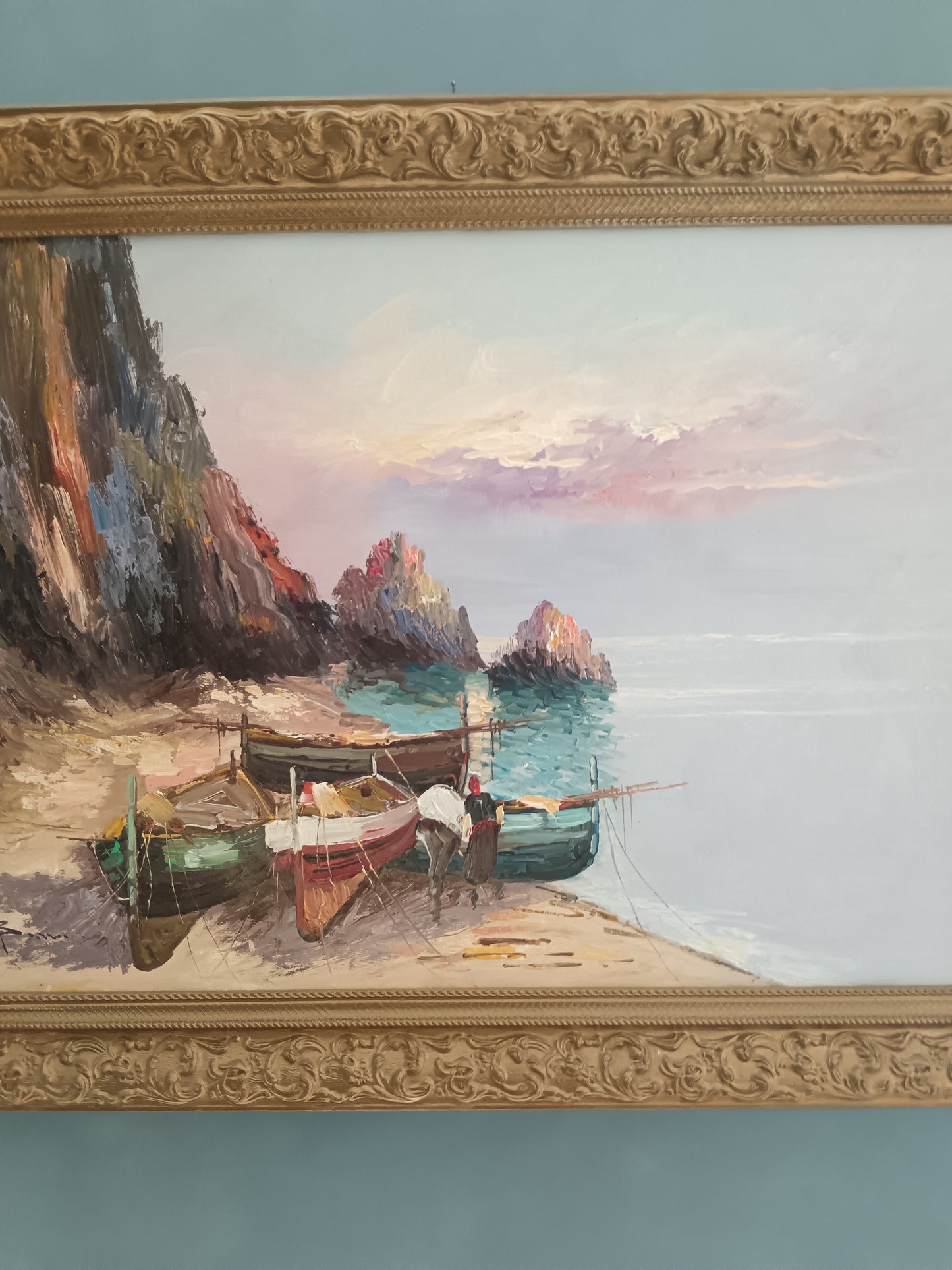 MARIO BARRA – MARINA CON BARCHE E PESCATORI – OLIO SU TELA 70x50