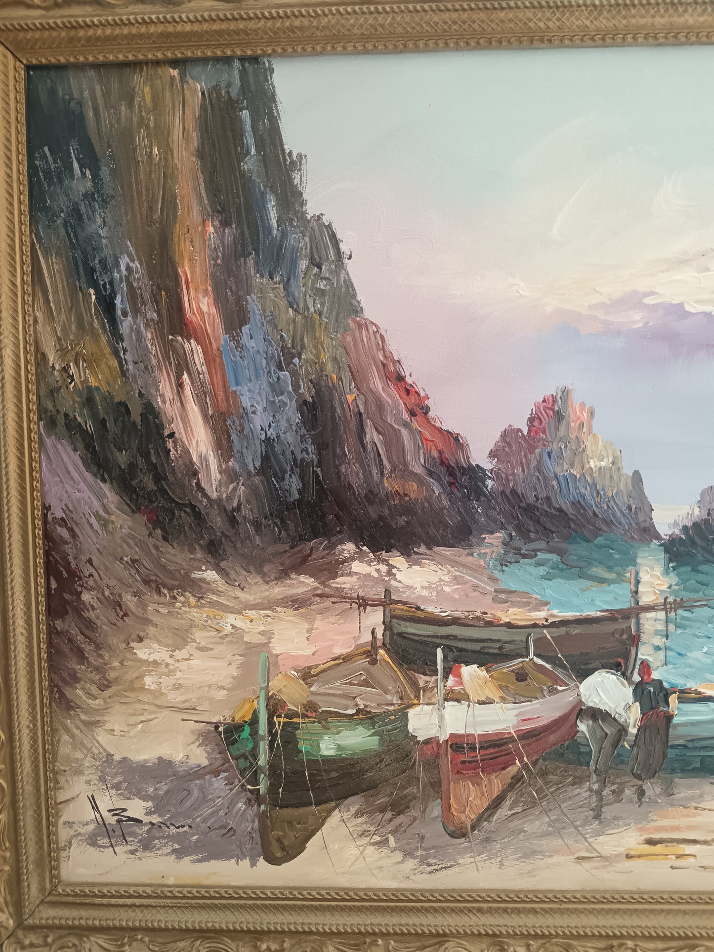 MARIO BARRA – MARINA CON BARCHE E PESCATORI – OLIO SU TELA 70x50