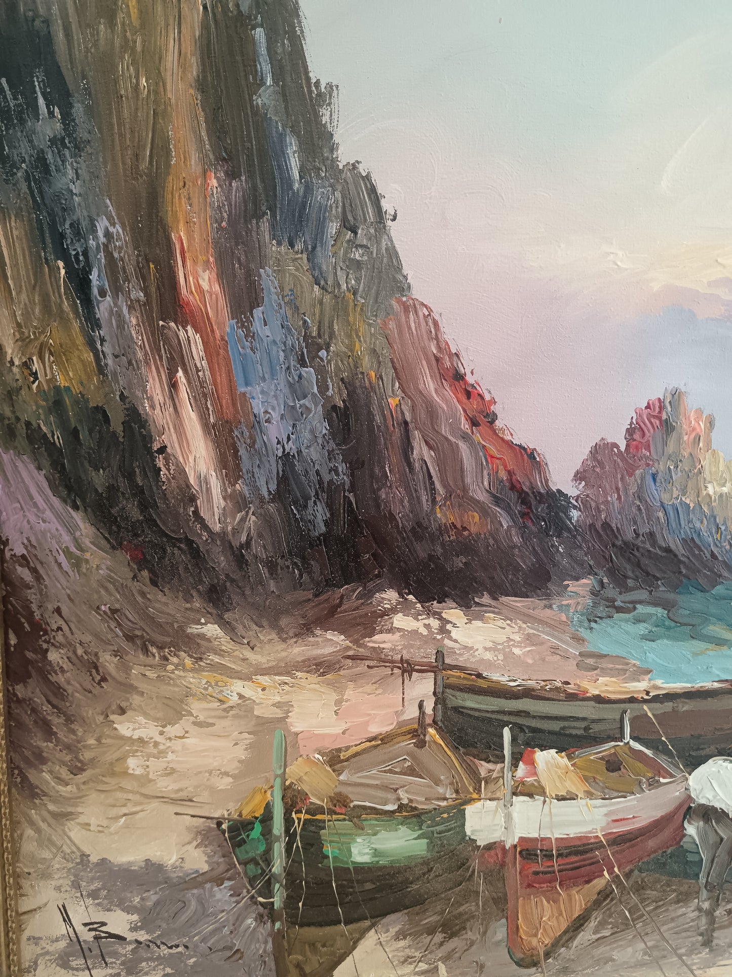 MARIO BARRA – MARINA CON BARCHE E PESCATORI – OLIO SU TELA 70x50