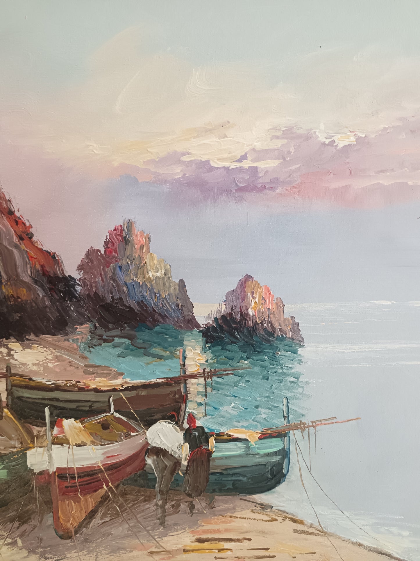 MARIO BARRA – MARINA CON BARCHE E PESCATORI – OLIO SU TELA 70x50