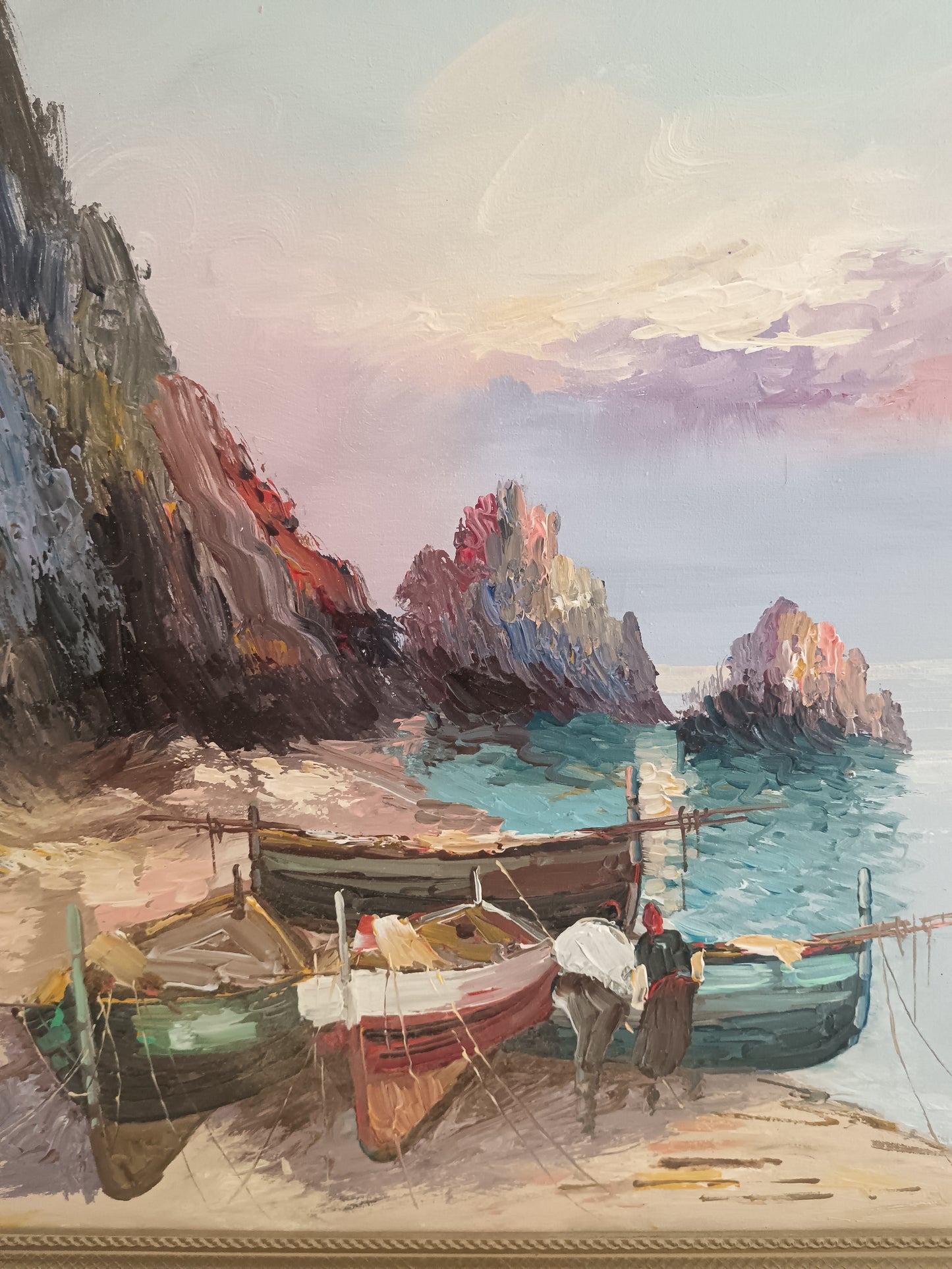MARIO BARRA – MARINA CON BARCHE E PESCATORI – OLIO SU TELA 70x50