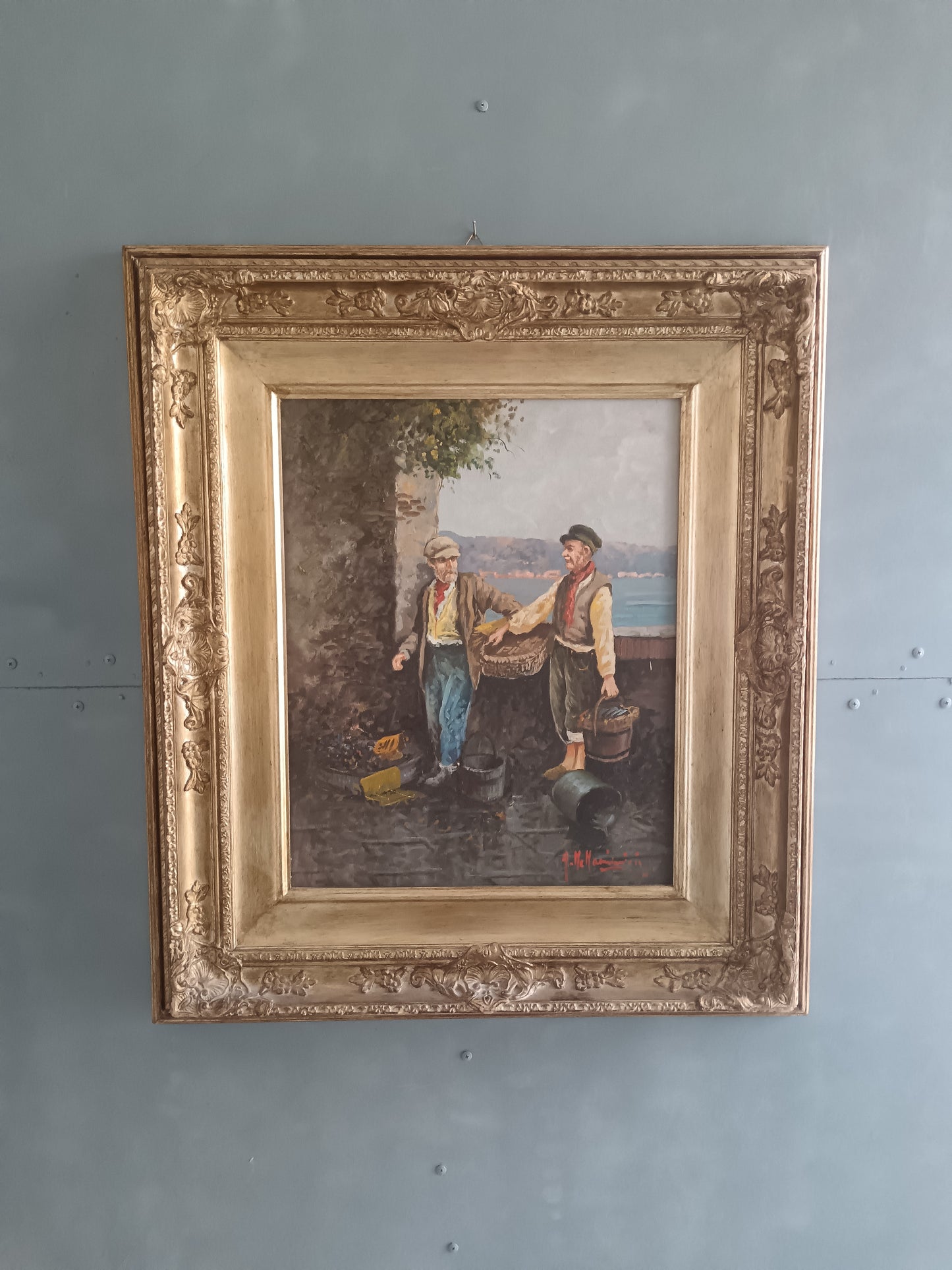 Dipinto originale di Aldo De Dominicis (Napoli, 1936), olio su legno, intitolato “Dopo la pesca”.