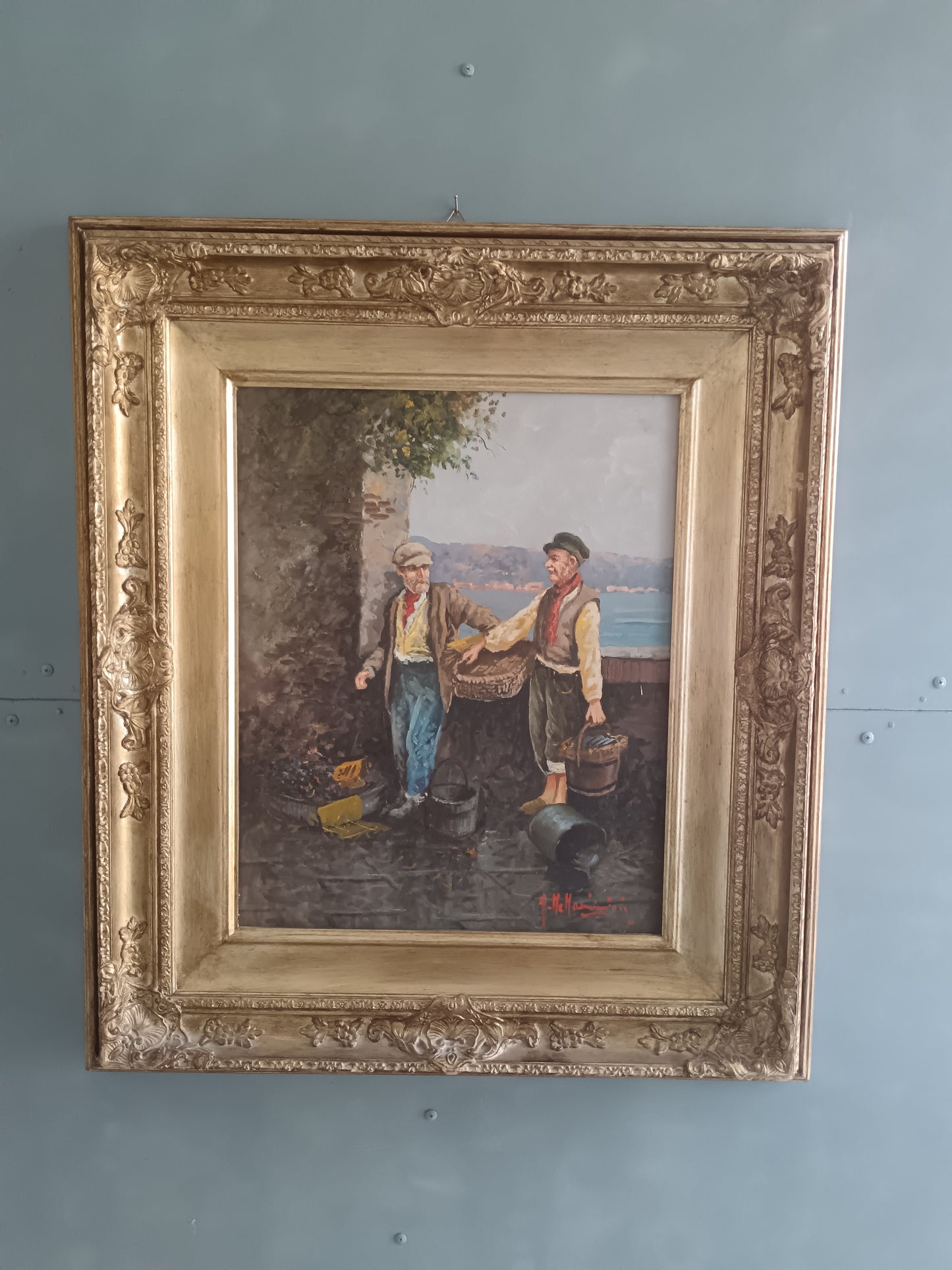 Dipinto originale di Aldo De Dominicis (Napoli, 1936), olio su legno, intitolato “Dopo la pesca”.