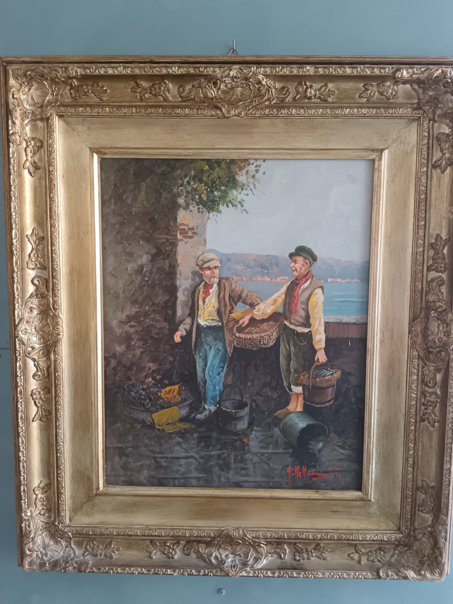 Dipinto originale di Aldo De Dominicis (Napoli, 1936), olio su legno, intitolato “Dopo la pesca”.