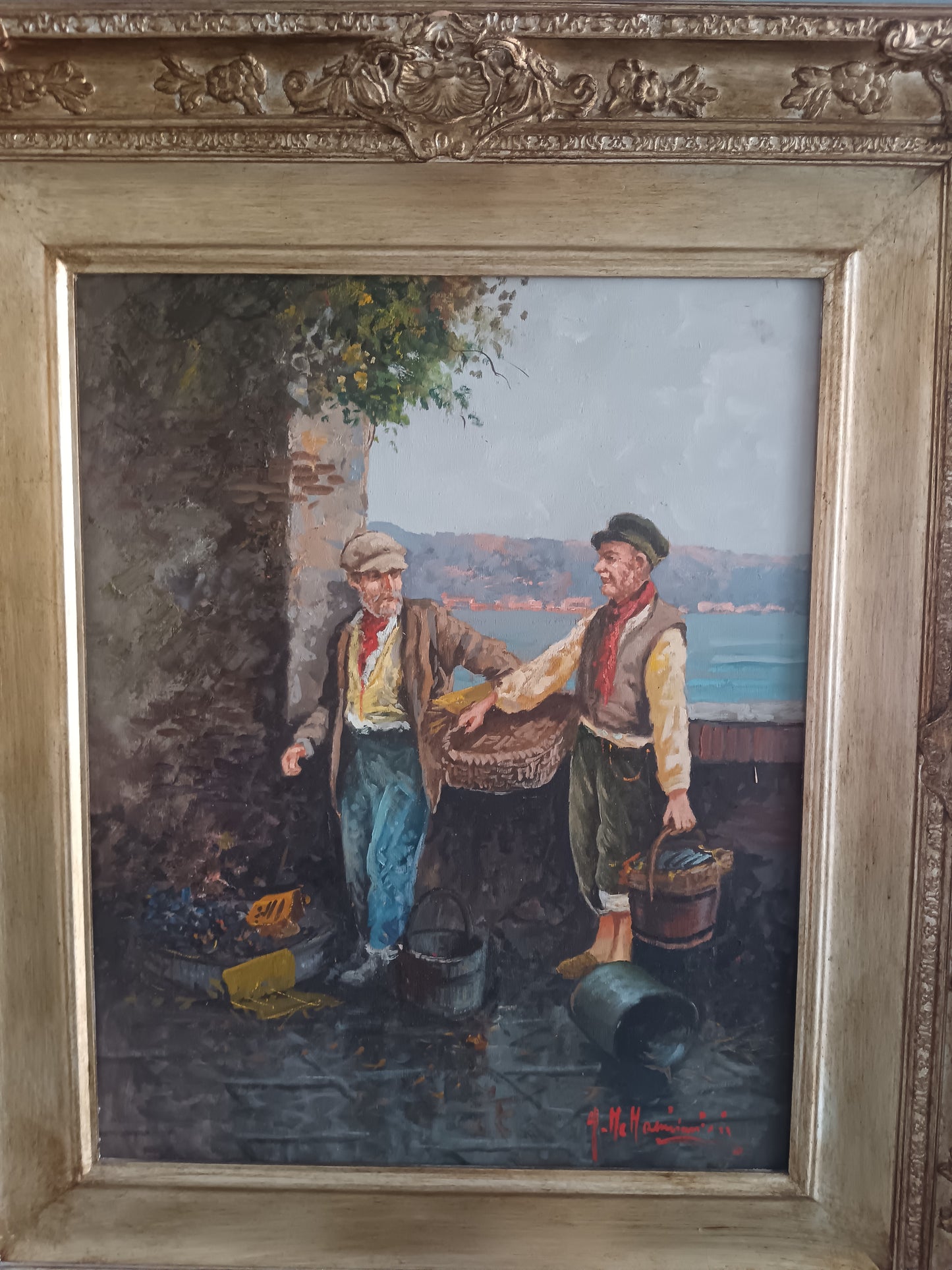 Dipinto originale di Aldo De Dominicis (Napoli, 1936), olio su legno, intitolato “Dopo la pesca”.
