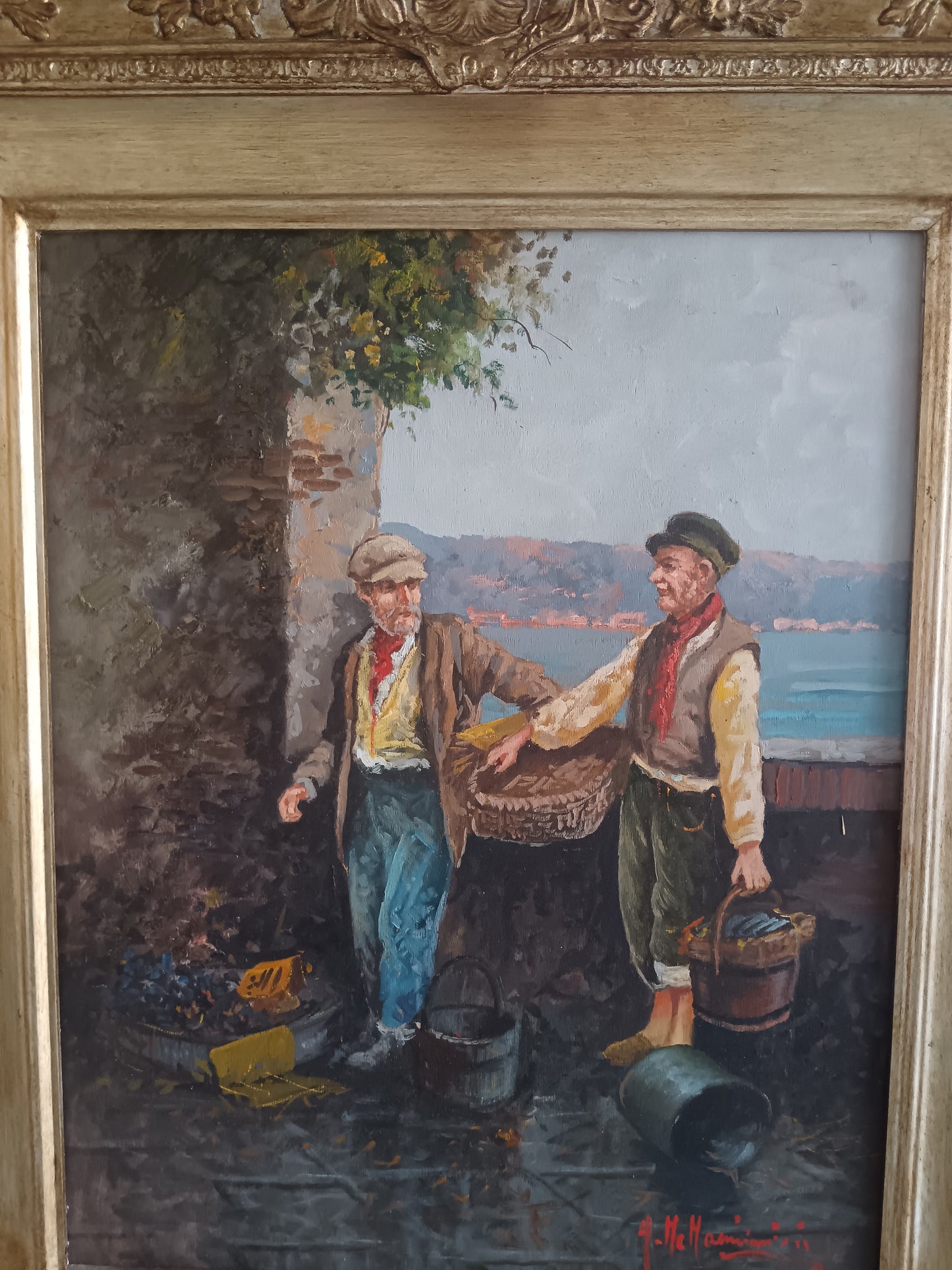 Dipinto originale di Aldo De Dominicis (Napoli, 1936), olio su legno, intitolato “Dopo la pesca”.