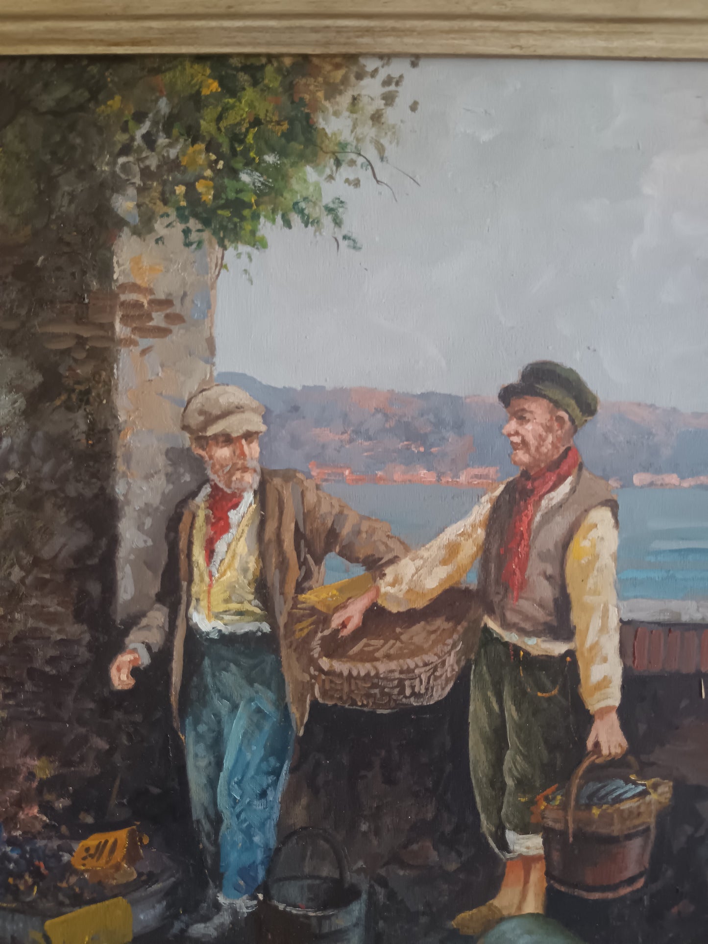 Dipinto originale di Aldo De Dominicis (Napoli, 1936), olio su legno, intitolato “Dopo la pesca”.