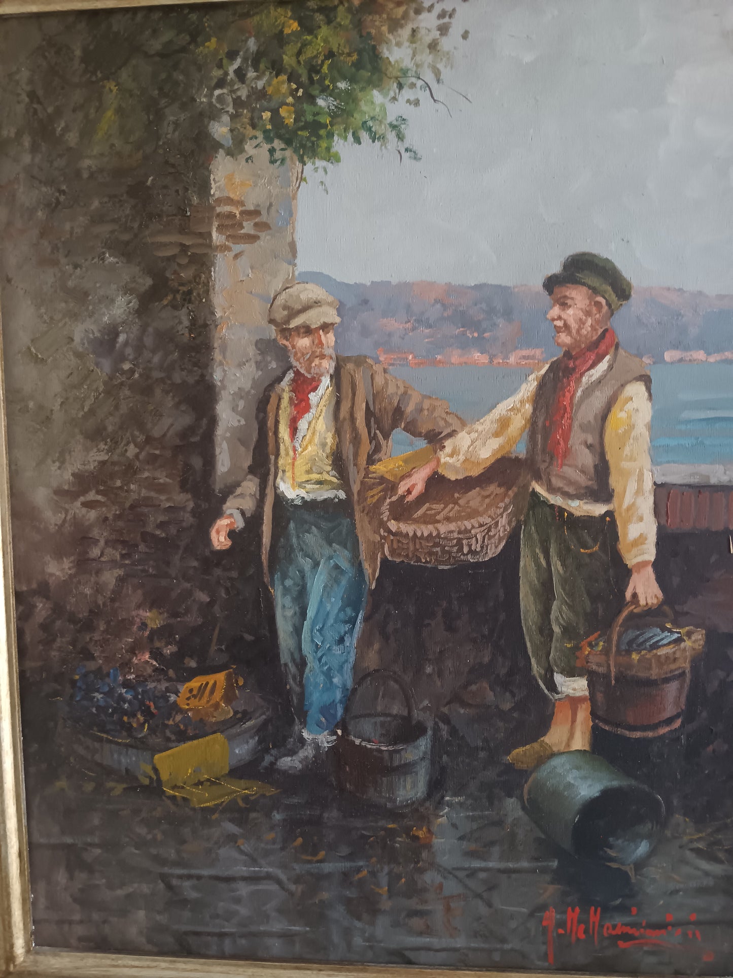 Dipinto originale di Aldo De Dominicis (Napoli, 1936), olio su legno, intitolato “Dopo la pesca”.