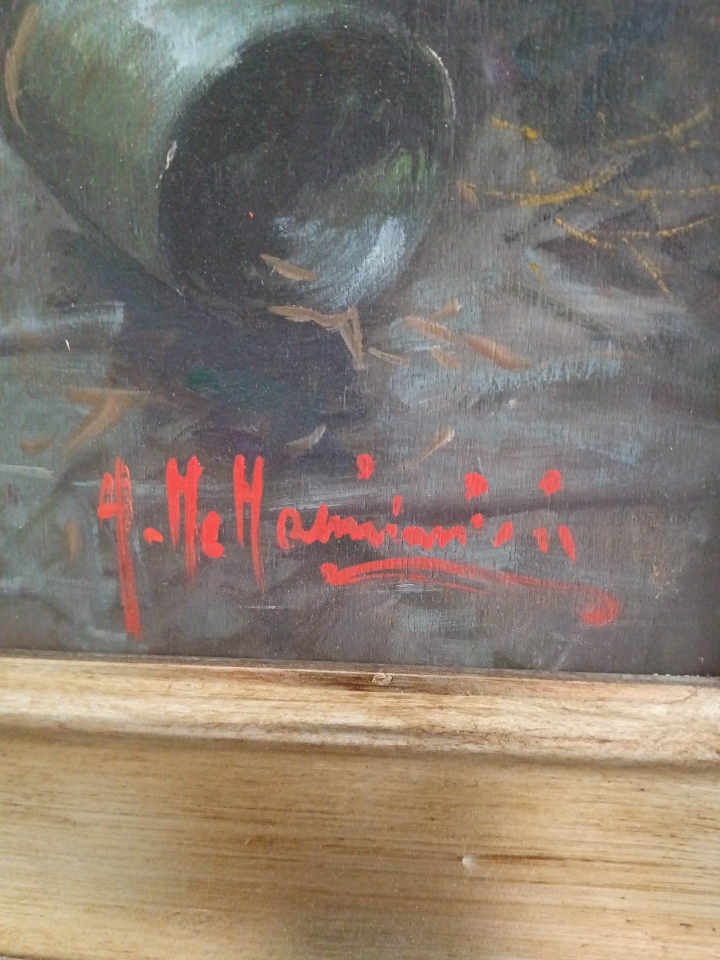 Dipinto originale di Aldo De Dominicis (Napoli, 1936), olio su legno, intitolato “Dopo la pesca”.