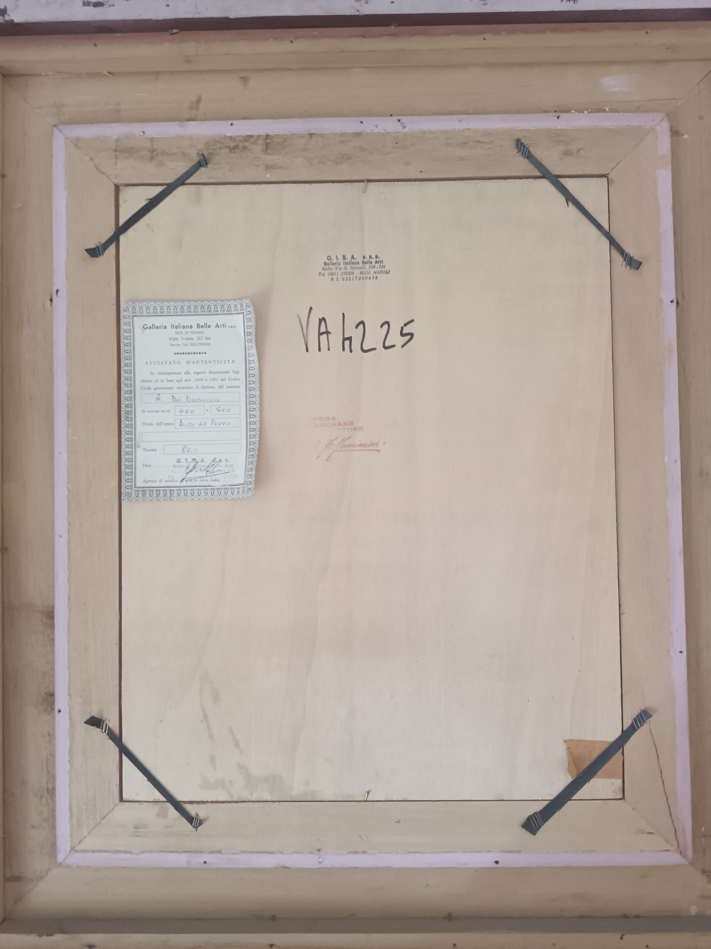Dipinto originale di Aldo De Dominicis (Napoli, 1936), olio su legno, intitolato “Dopo la pesca”.