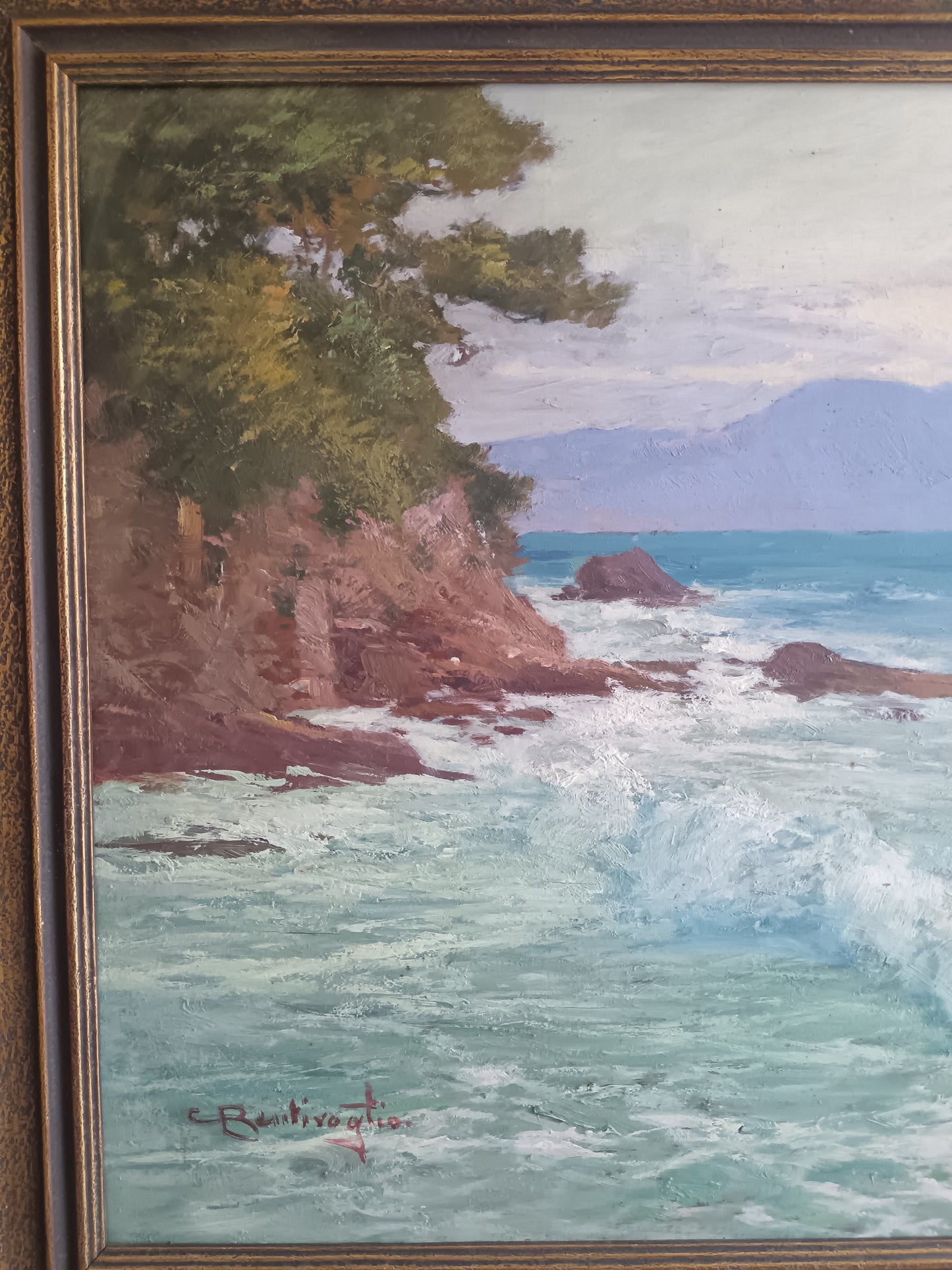 Cesare Bentivoglio 1868-1952 – Marina Ligure – Olio su Tavola – Firmato – Dipinto d'Epoca