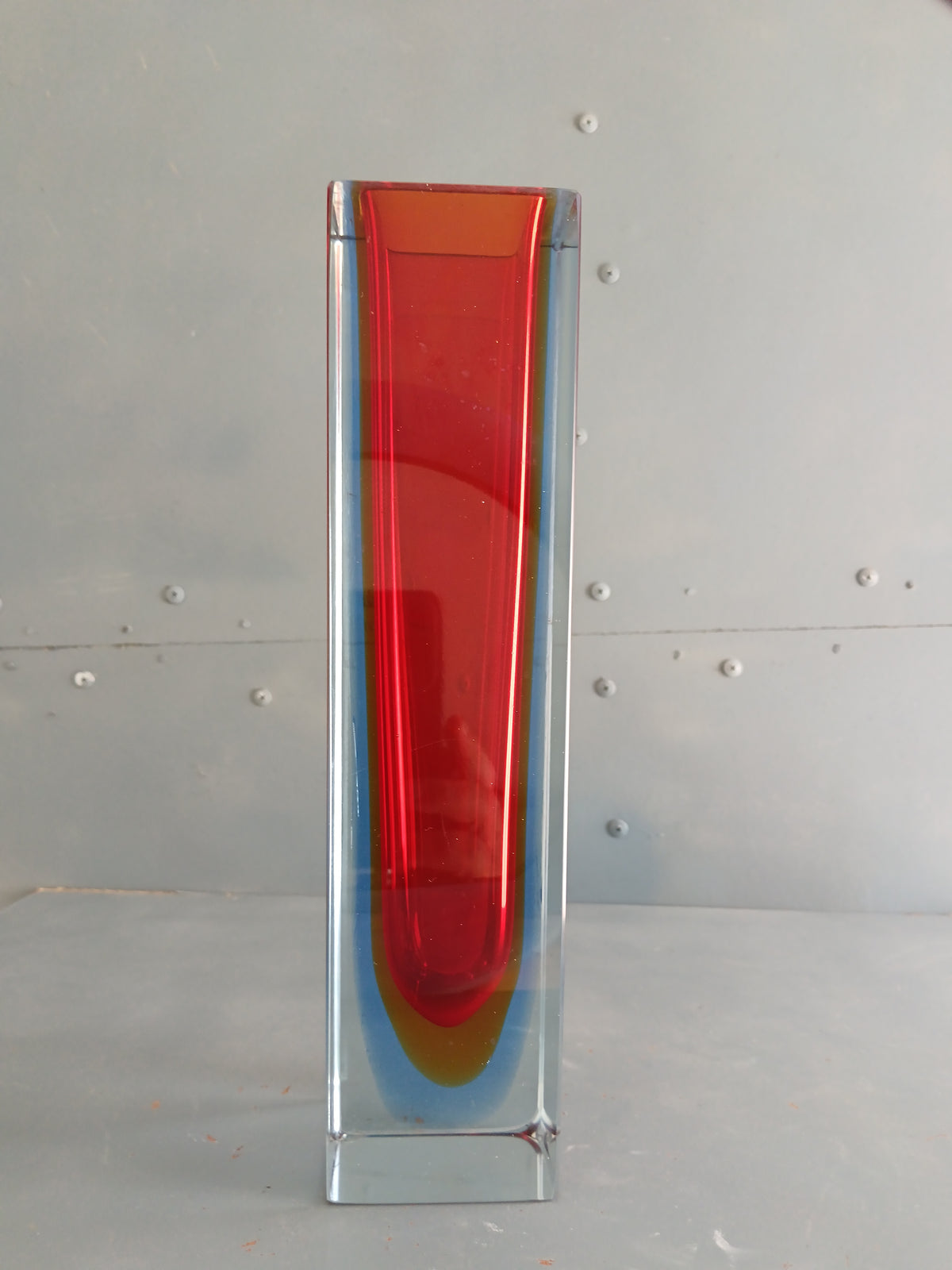 VASO MURANO SOMMERSO ATTR. FLAVIO POLI – MANDRUZZATO – ROSSO AMBRA BLU – 30 CM