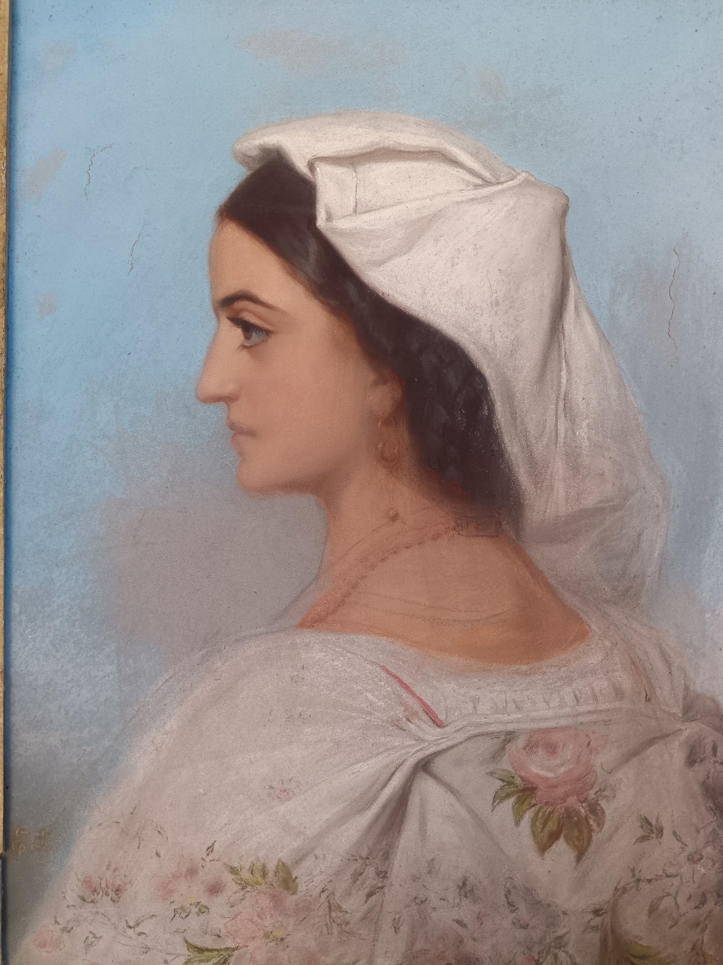 Dipinto Antico Pastello su Tela Fine 800 Ritratto Donna Profilo Cornice Oro