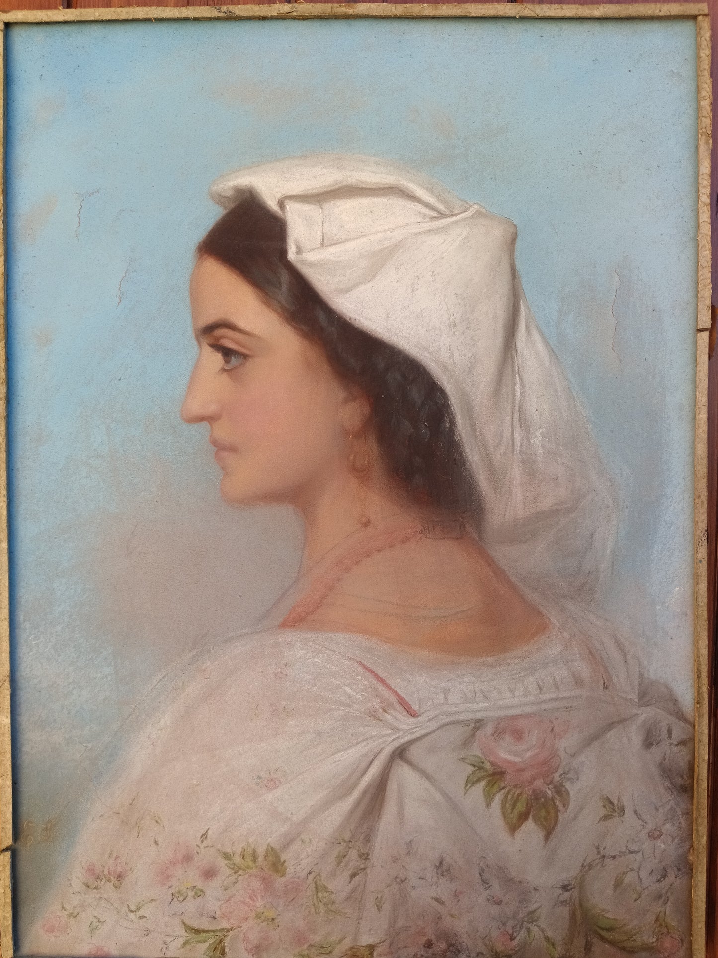 Dipinto Antico Pastello su Tela Fine 800 Ritratto Donna Profilo Cornice Oro